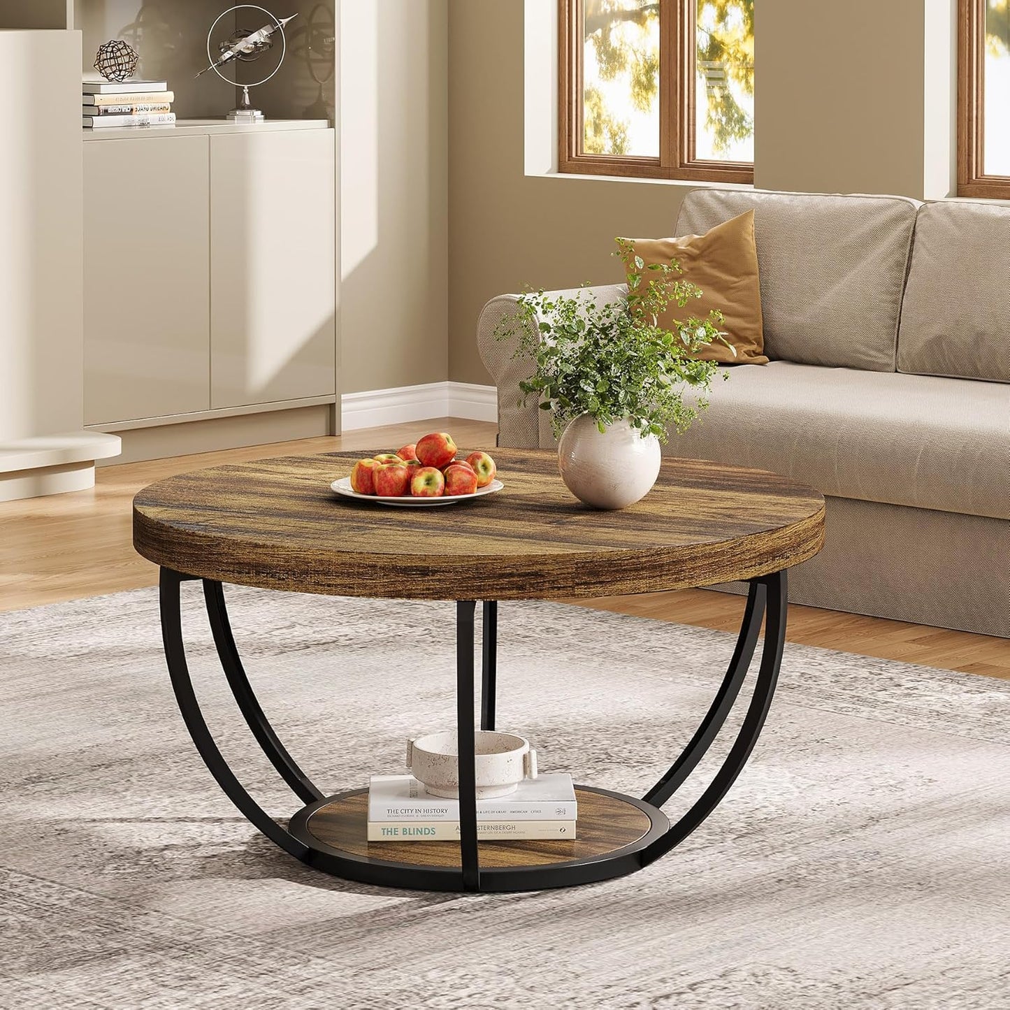 Round Coffee Table, 80Cm Wooden 2-Tier Circle Coffee Table Storage, Modern Low Coffee Table, Rustic Brown