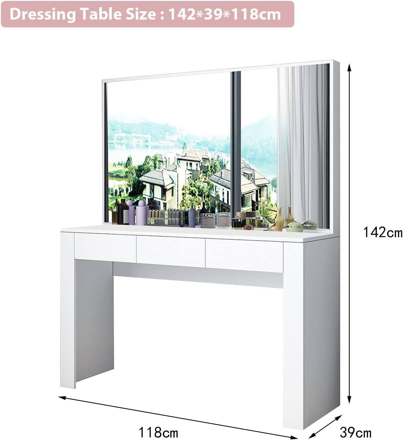 Dressing Table with Mirror Vanity Makeup Table with 3 Drawers Storage Modern Bedroom Furniture White