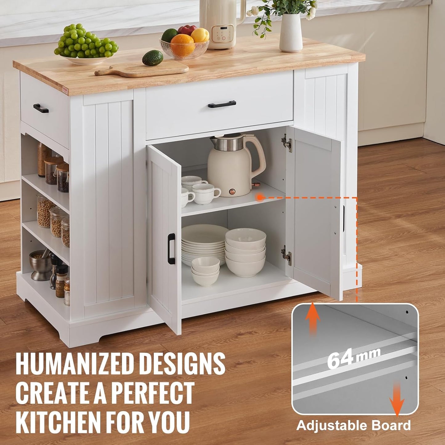 Kitchen Island Cart, 46" Wood Top Breakfast Bar with Storage Cabinet, Farmhouse Kitchen Table with Adjustable Shelf, Drawer, for Dining Kitchen Living Room, White