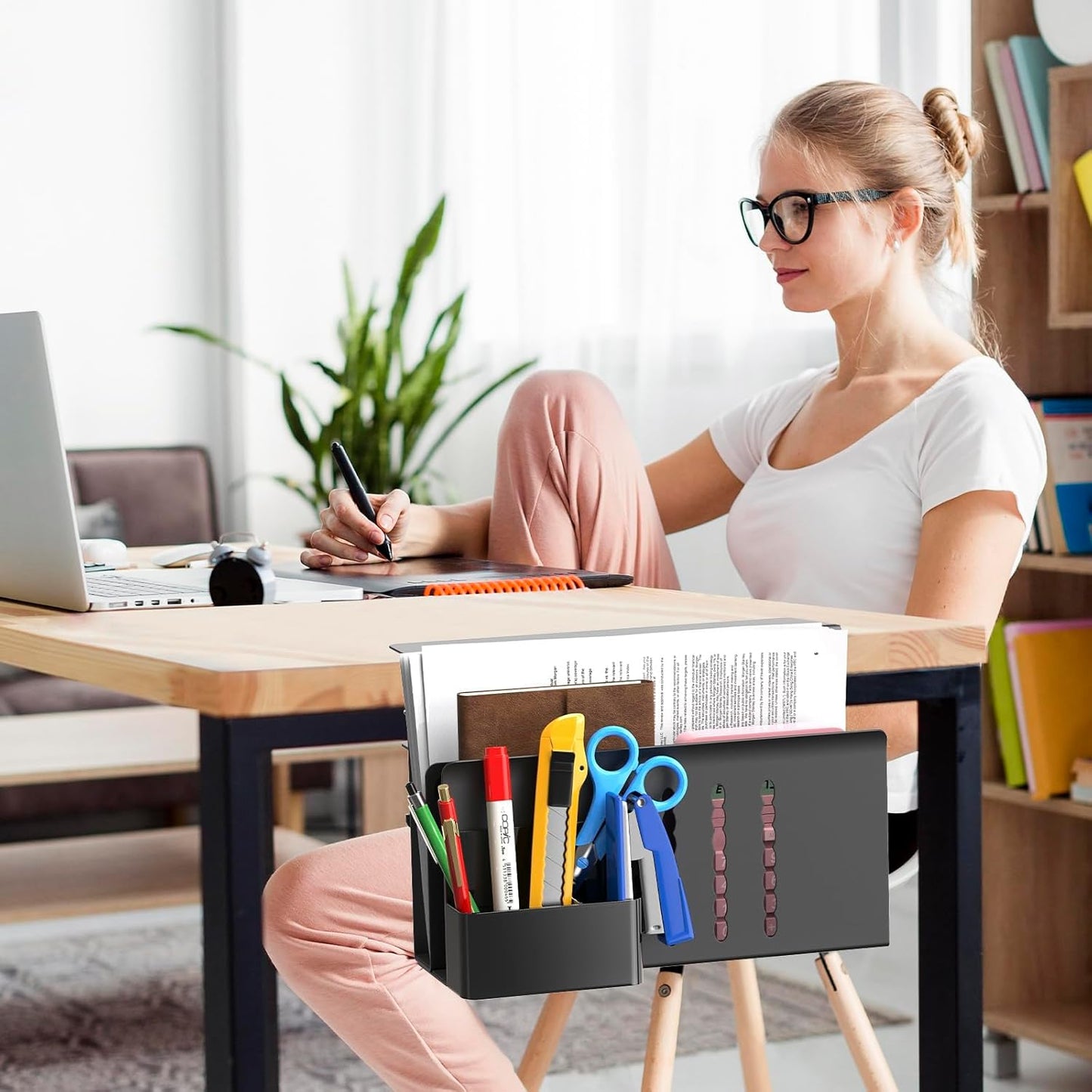 Desk Side Storage, 2 Tier Steel Hanging Desk Organizer with Magnetic Pen Holder, No Drilling Standing Desk Drawer Cable Management Tray, under Desk Laptop Holder for Office, School, Home (Black)