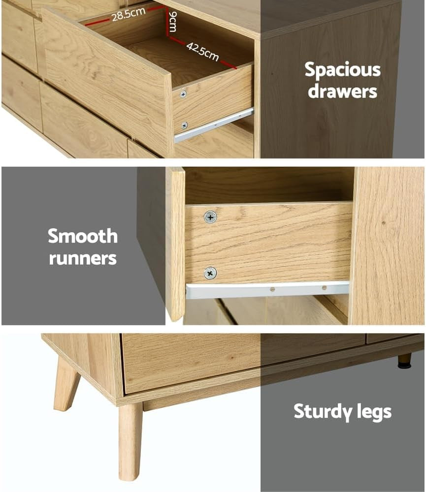Chest of Drawers with 9 Drawer, Oak Wood Dresser Tallboy Storage Cabinet Board Side Tables Desk