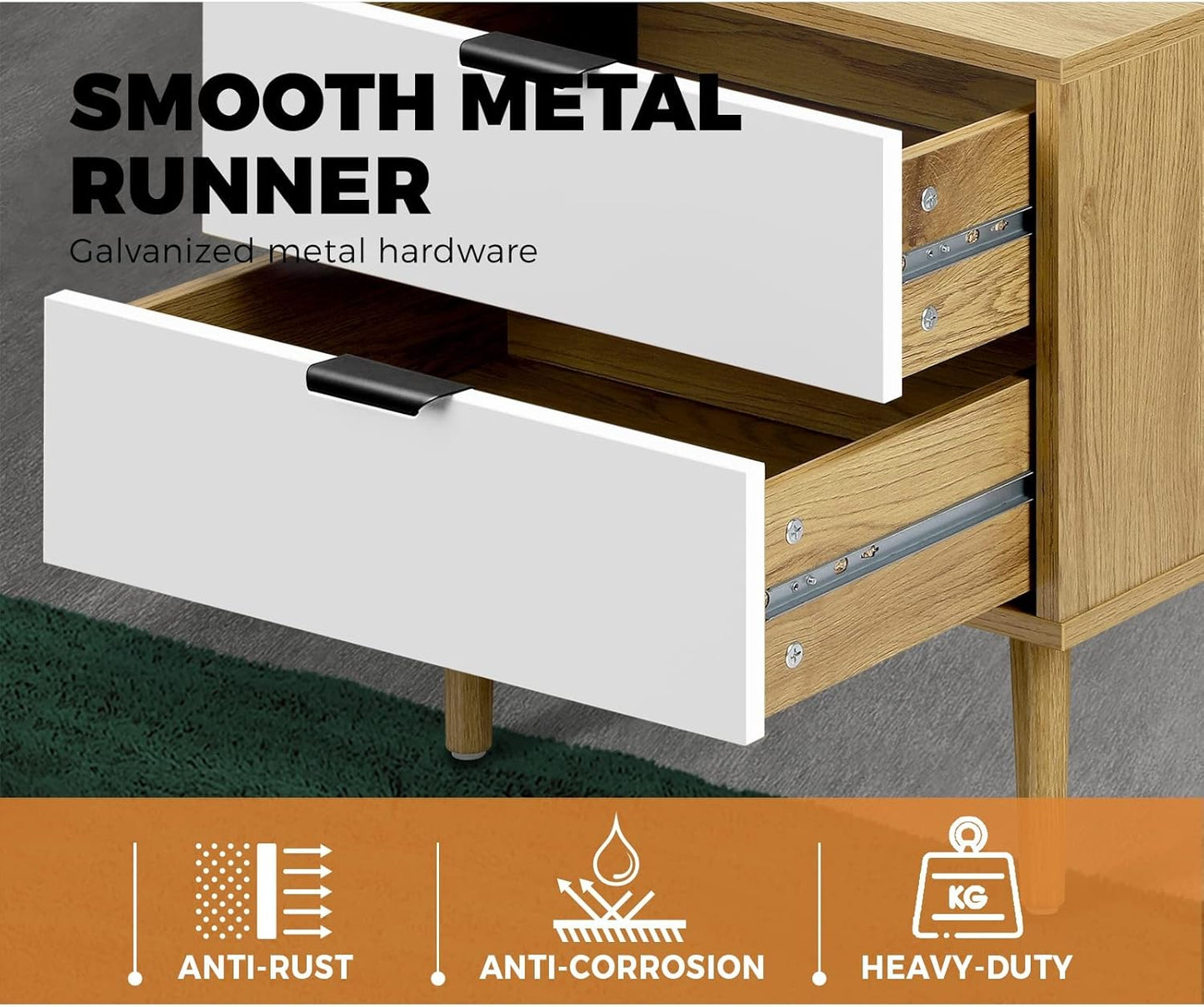 Bedside Tables 2 Drawers Side Tables Organiser Tall Nightstand Bedroom Furniture Storage Cabinet Wooden,White and Wood