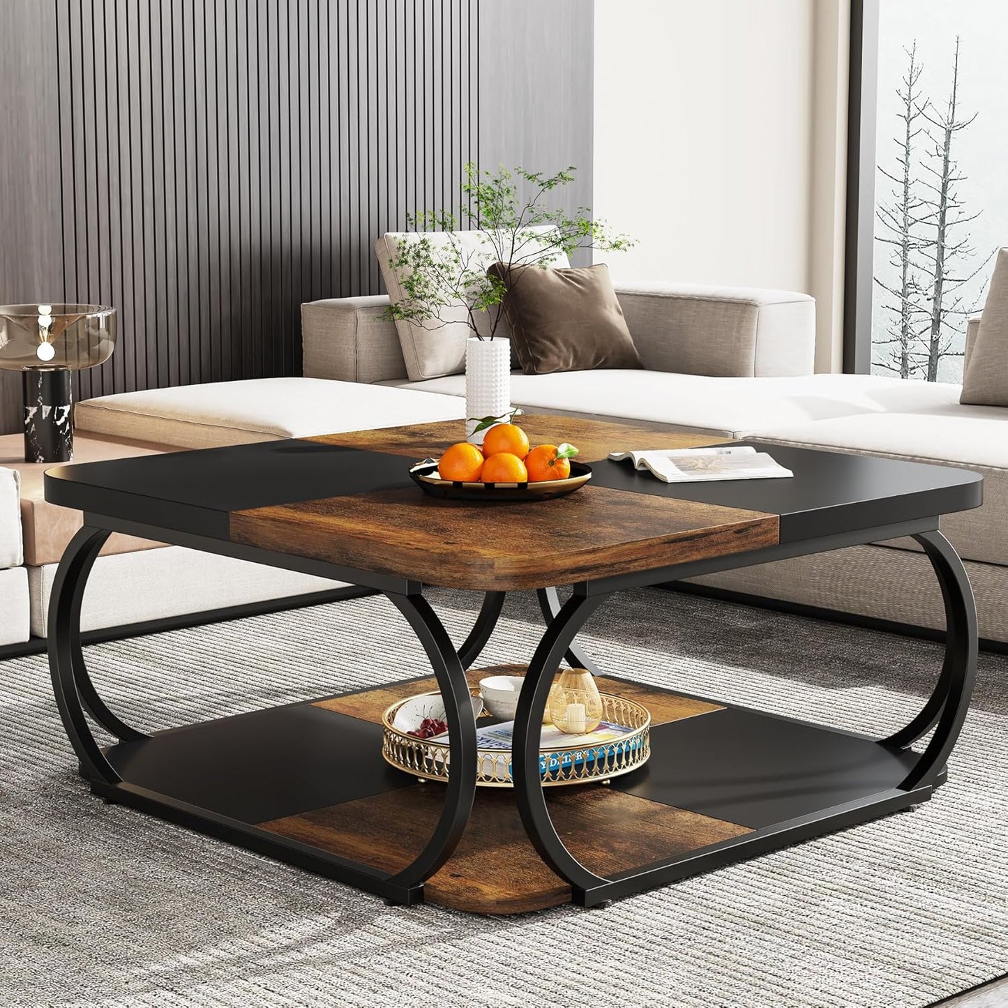 Coffee Table with Storage Shelf 100cm, 2-Tier Low Square Coffee Table with Farmhouse Wood Tabletop Heavy Duty Metal Curved Frame, Black Rustic Brown