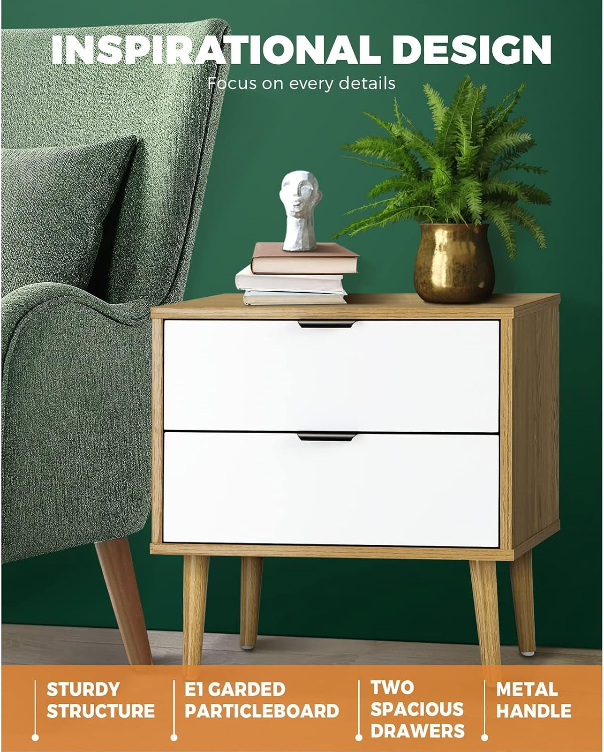 Bedside Tables 2 Drawers Side Tables Organiser Tall Nightstand Bedroom Furniture Storage Cabinet Wooden,White and Wood