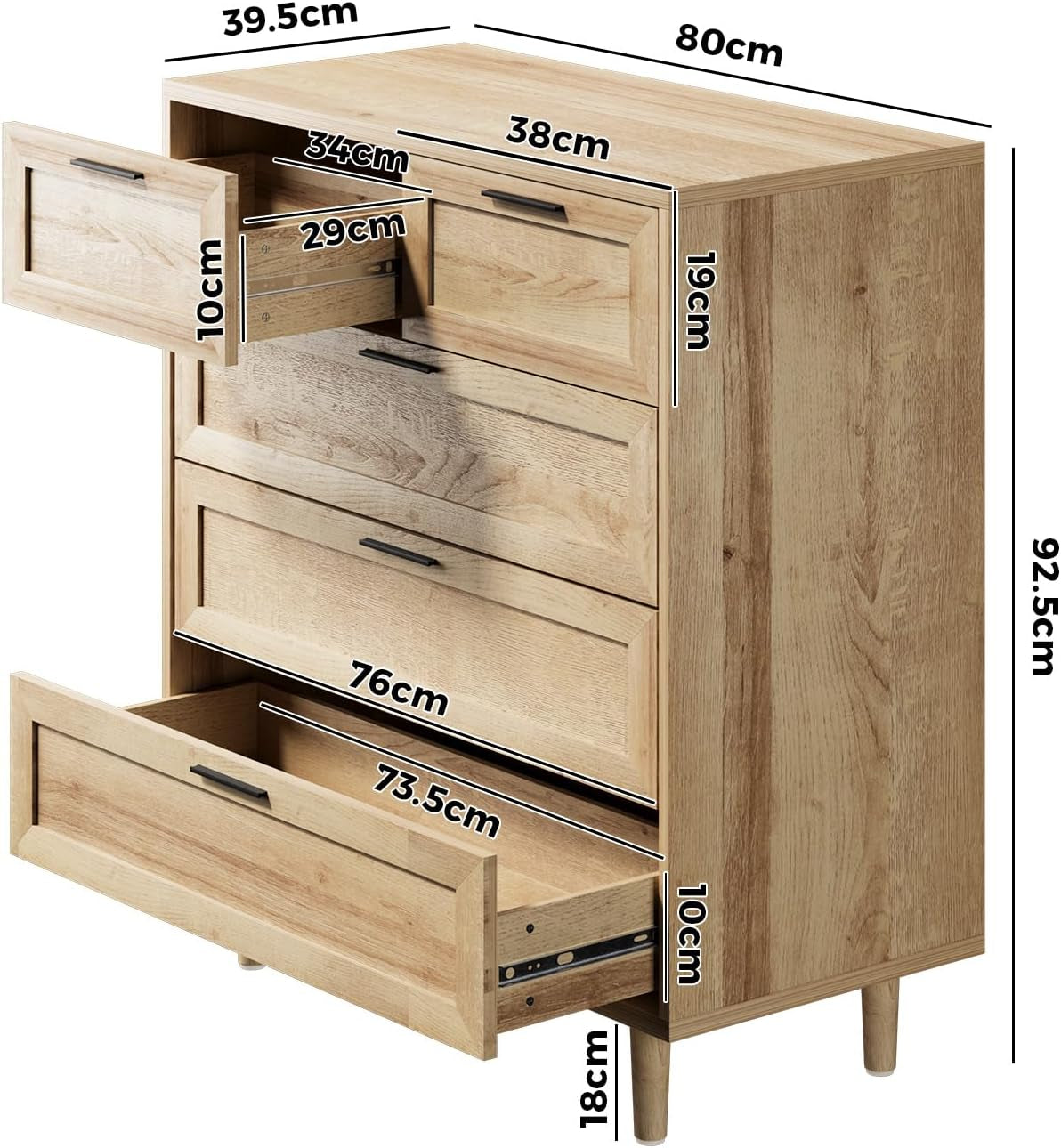 Chest of Drawers Dresser with 5 Storage Cabinet Tallboy Natural