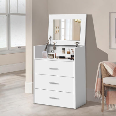Vanity Desk, Dressing Table with Foldable Mirror and Multi Drawers, Small Makeup Desk with Hidden Stool, Corner Bedside Dressing Desk Chair Set for Bedroom Dressing Room, White