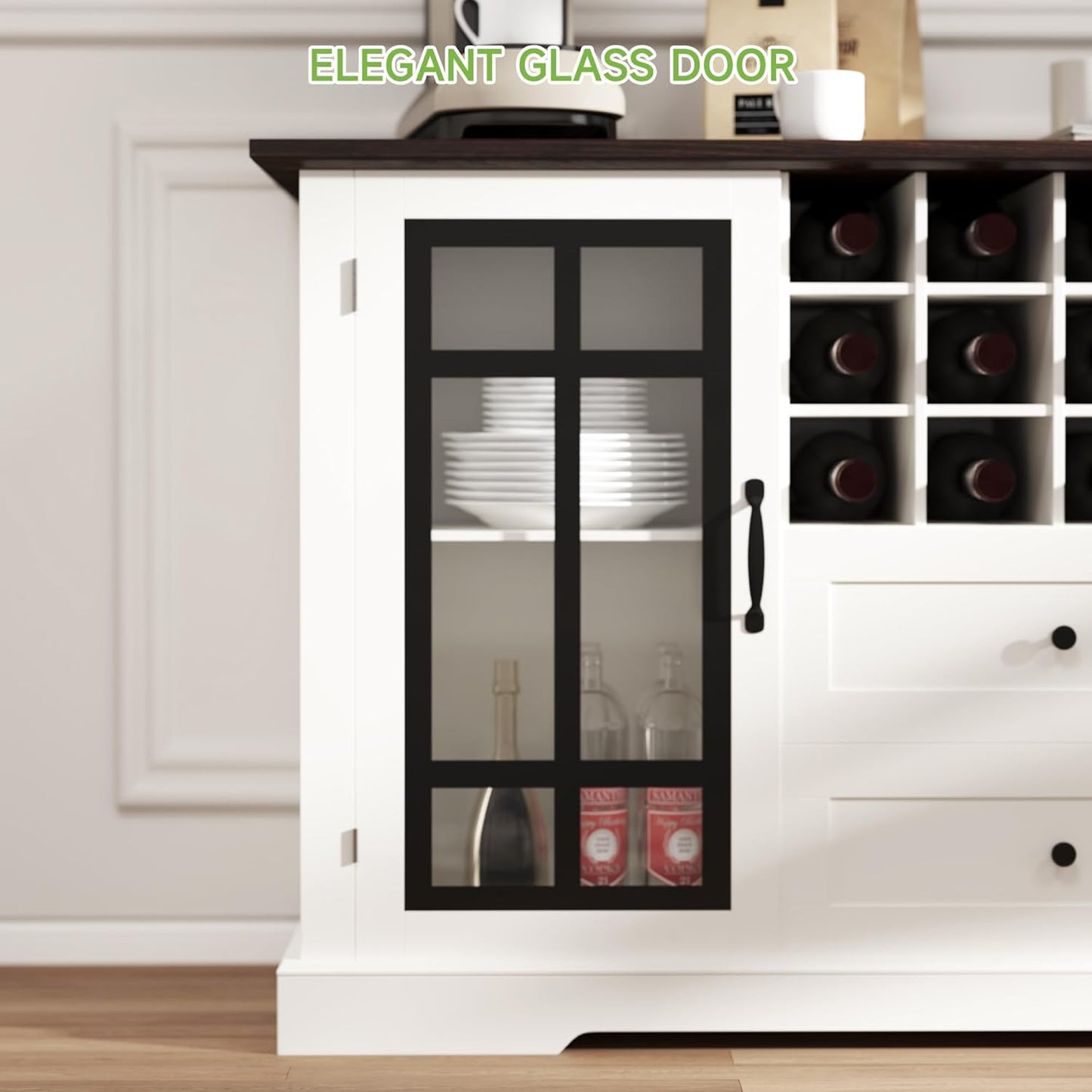 Farmhouse Buffet Cabinet with Storage, Large 59'' Sideboard Wine Coffee Bar Cabinet with 2 Glass Doors, Removable Wine Rack, Buffet Table Storage Cabinet for Kitchen,