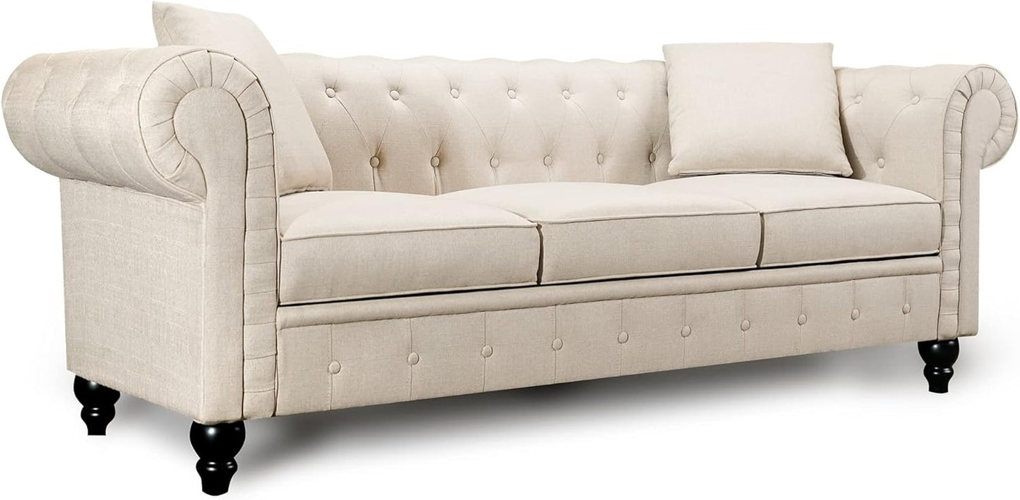 Cerna Chesterfield Sofa Lounge - Diamond Stitching, Swiss Linen-Blend Upholstery, Medium-Firm Cushions, Decorative Pillows, and Easy Assembly in Timeless Elegance, Beige