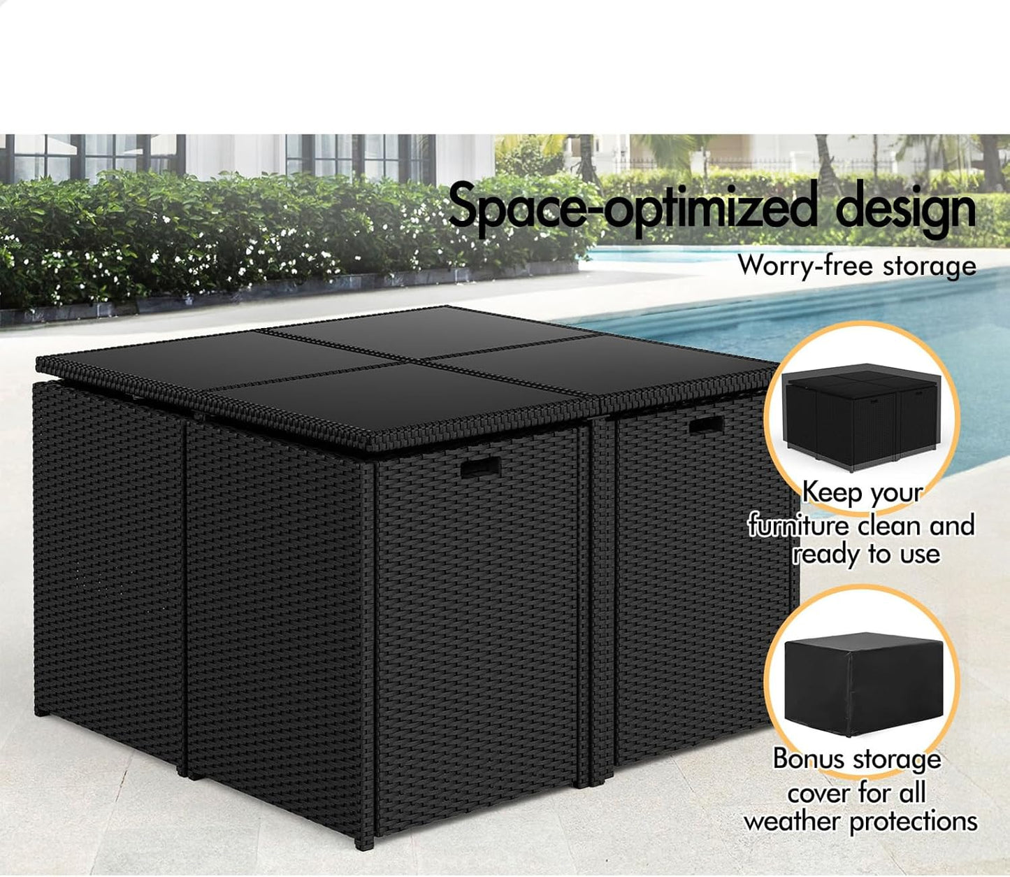 5Pcs Outdoor Dining Set Patio Furniture Garden Armchair, PE Wicker Rattan Lounge Chair and Glass Top Table with Steel Frame & Cushions, Uv-Resistant Conversation Sofa Set with Storage Cover