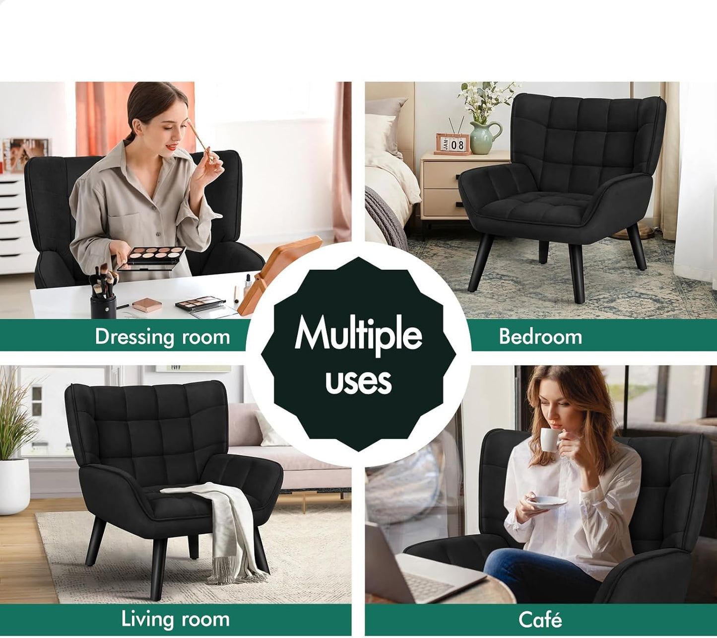 Armchair with Velvet Upholstery, Leisure Occasional Accent Chair with Solid Wooden Legs, Nursing Lounge Sofa for Reading Dressing Bedroom Living Room, Max 180Kg, Venus Black