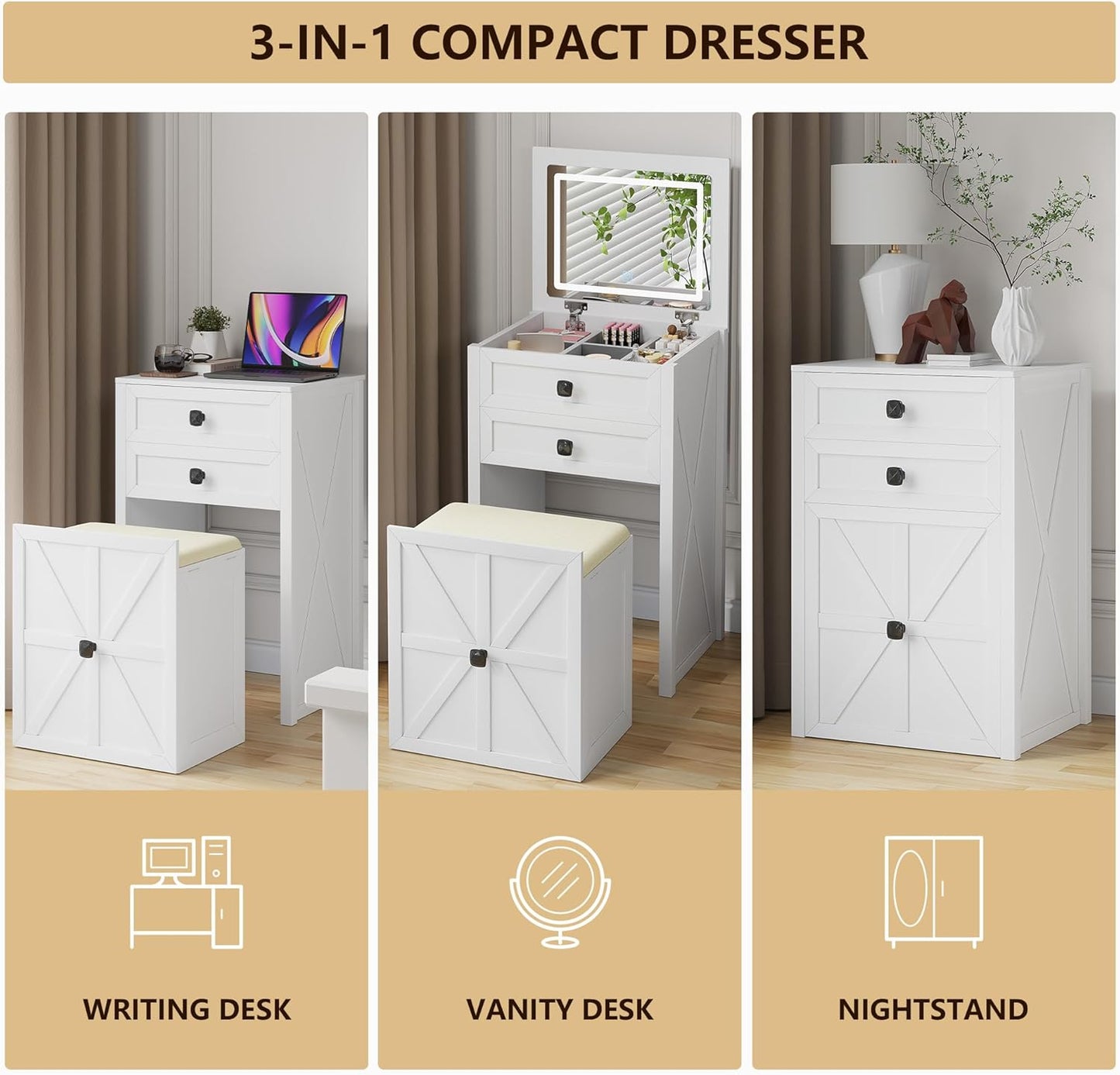 Farmhouse Vanity Desk with Mirror&Lights, 3 in 1 Small Makeup Vanity Set with Stool, Space-Saving Makeup Vanity with Storage Compartment, Dressing Table for Bedroom/Cloakroom, White