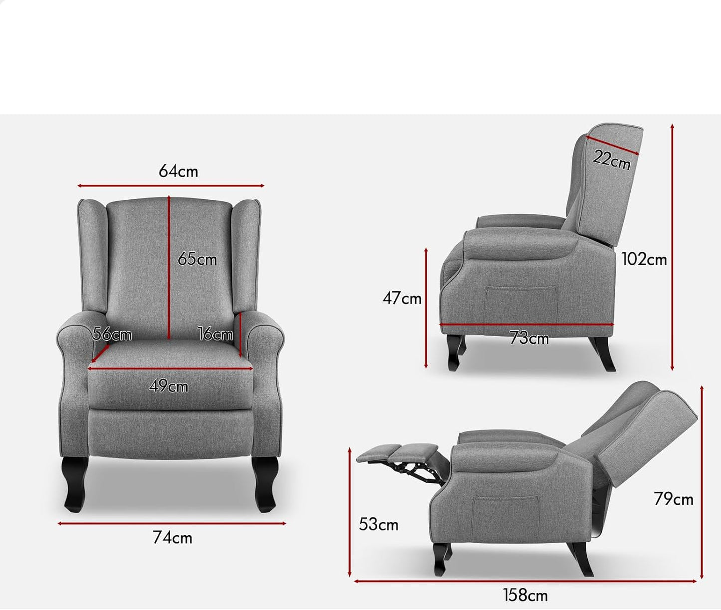 ALFORDSON Grey Sofa Armchair, Recliner Chair for Lounge, Ergonomic Rocking Lounge Home Furniture with 165° Push Back Recline and Padded Seat for Home Bedroom, Living Room Andoffice