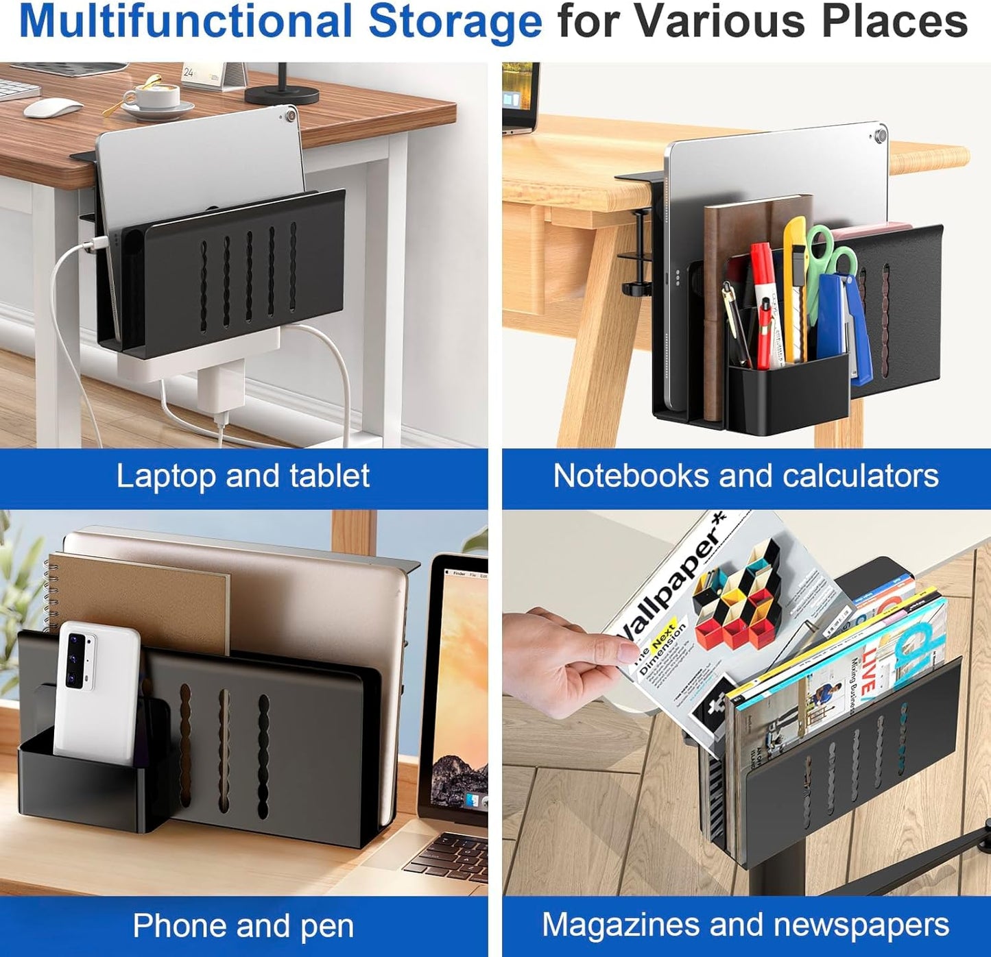 Desk Side Storage, 2 Tier Steel Hanging Desk Organizer with Magnetic Pen Holder, No Drilling Standing Desk Drawer Cable Management Tray, under Desk Laptop Holder for Office, School, Home (Black)