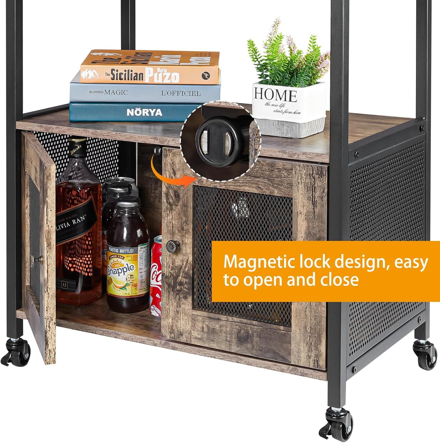 Coffee Bar Cabinet,3 Tiers Kitchen Coffee Cart with Drawer for the Home, Movable Farmhouse Coffee Station Table on Wheels for Living Room, Entryway, Dining Room, Kitchen