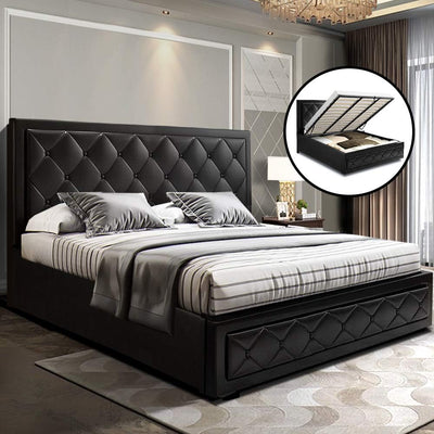 King Bed Frame Platform Tufted Headboard Frames Gas Lift Beds Base with Storage Space, Upholstered with Black PVC Leather + Foam + Wood