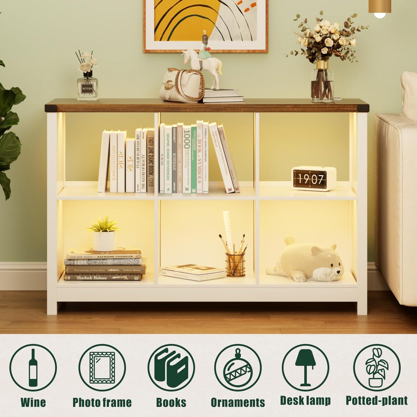 Bookcase Bookshelves - Farmhouse White Bookcase with Led Lights, 6 Cube Kids Book Cases with Open Shelf, Wood Bookshelf for TV Stand, Bedroom, Living Room