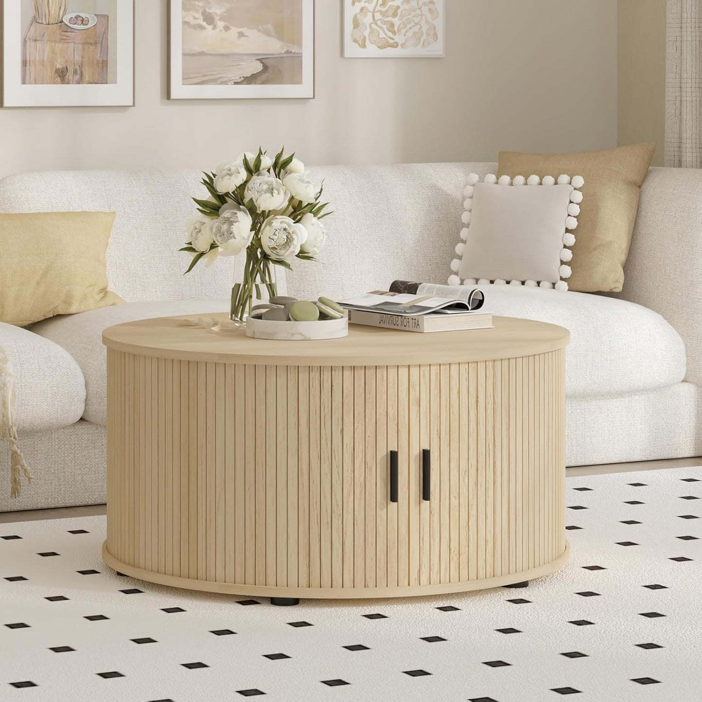 Round Coffee Table with Storage, Mid Century Modern Coffee Table with Sliding Cabinet Door, Wood Coffee Table for Living Room Oak