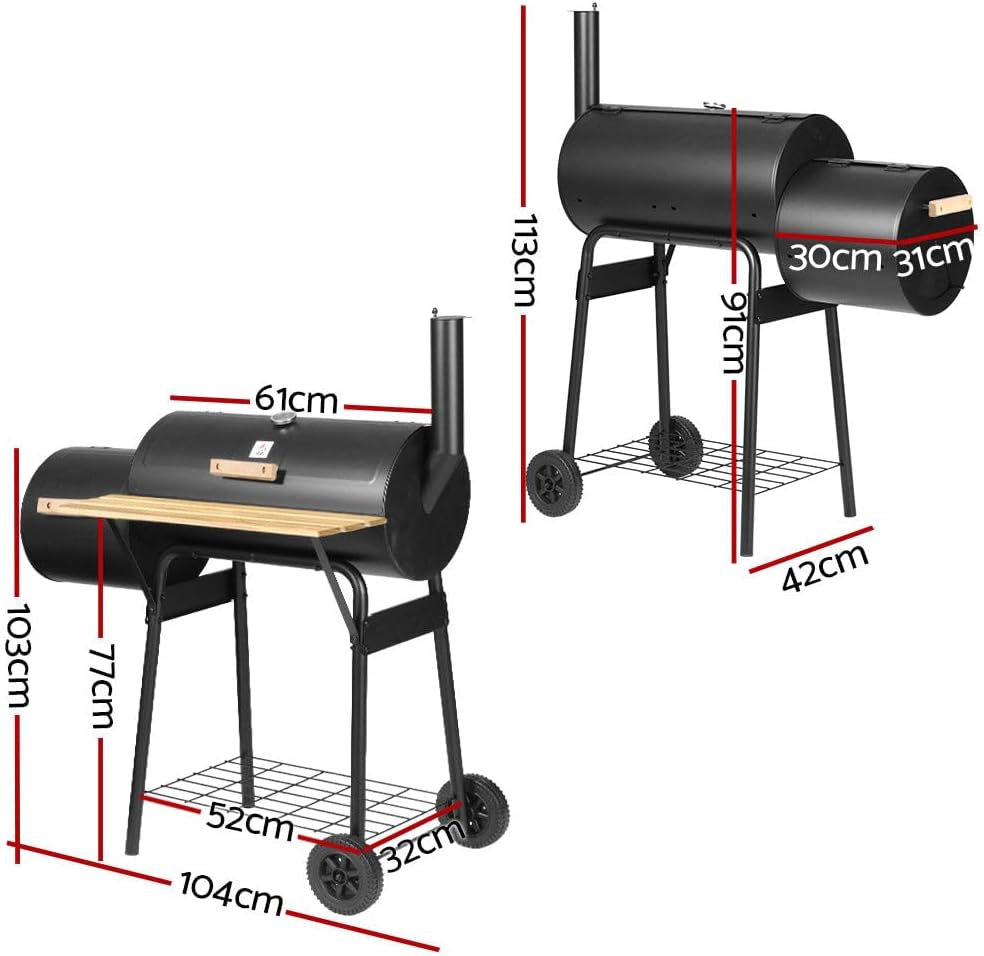 Charcoal BBQ Grill, Smoker Cooking Tool, with Wheels Stainless Steel Rack Black