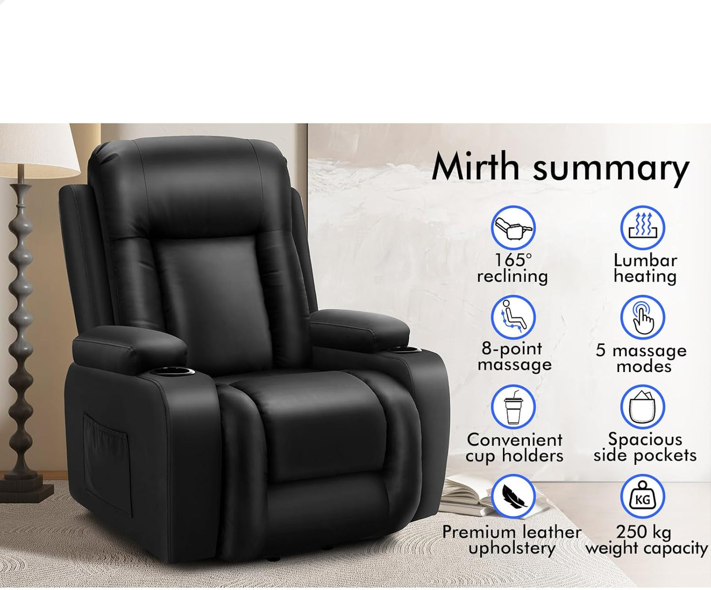 ALFORDSON Electric Recliner Chair, Fully Automatic Lifting and Reclining Lounge Sofa, PU Leather Heated Massage Armchair with Remote Control, Black