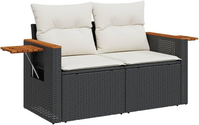 Garden Sofa/Couch W Cushions - 2-Seater Black PE Rattan, Steel & Acacia Wood - Outdoor Patio/Deck Furniture - 124X62X69 Cm with Storage & Side Table