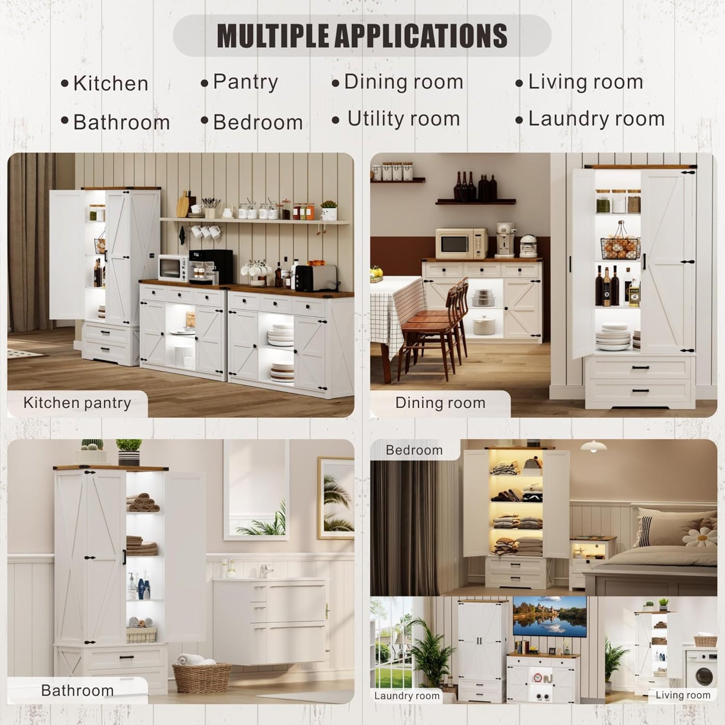 Farmhouse Storage Cabinet with Adjustable Shelves, 69" Tall Pantry Cabinet with 2 Drawers & Doors, Wood Storage with LED Light for Kitchen, Dining Room, Bathroom, Utility Room, White
