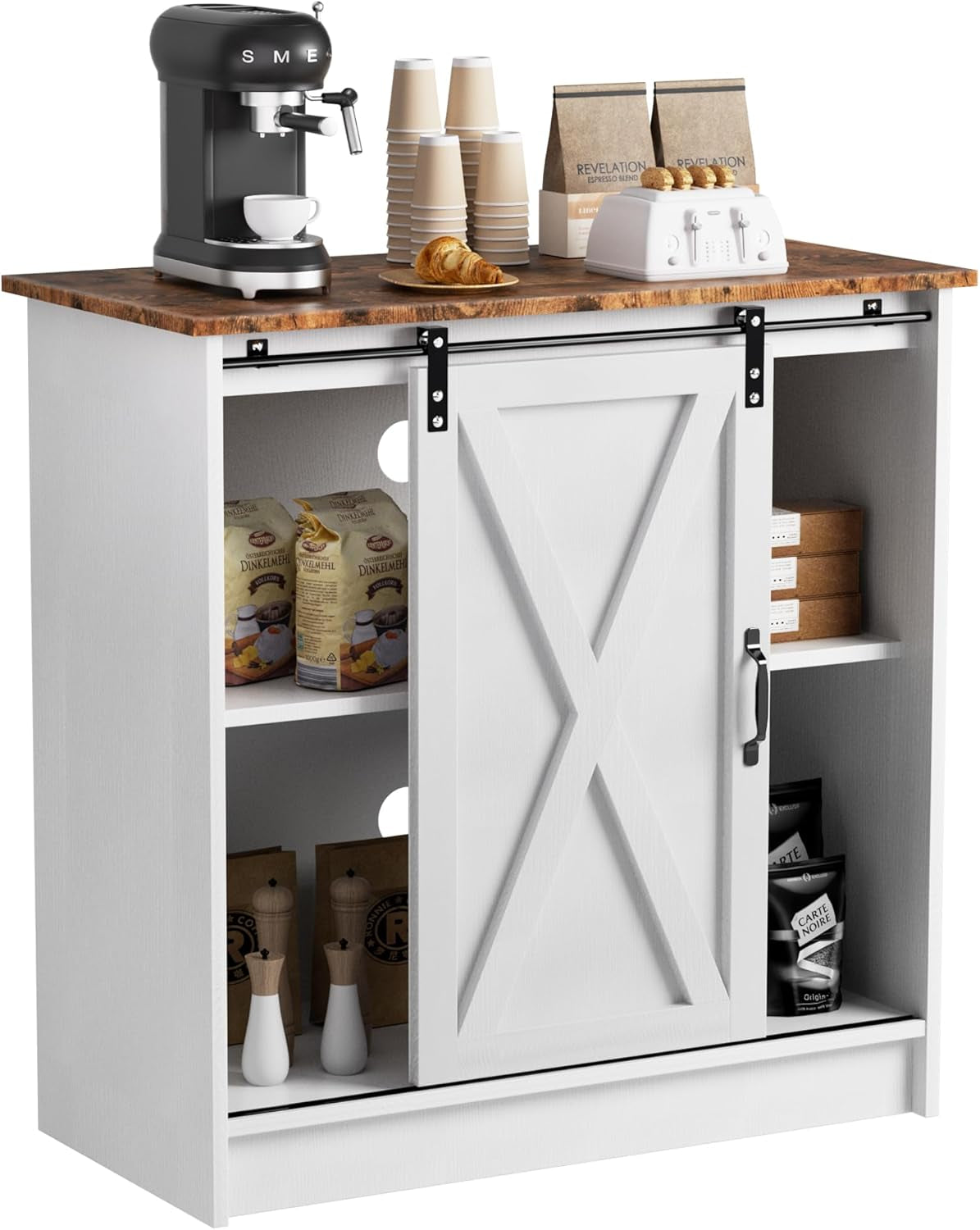 White Coffee Bar Cabinet Station, Small Kitchen Coffee Bar Cabinet with Storage, Farmhouse Sideboard Buffet Cabinet for Home, Kitchen, Living Room and Dining Room (Rustic Brown Top)