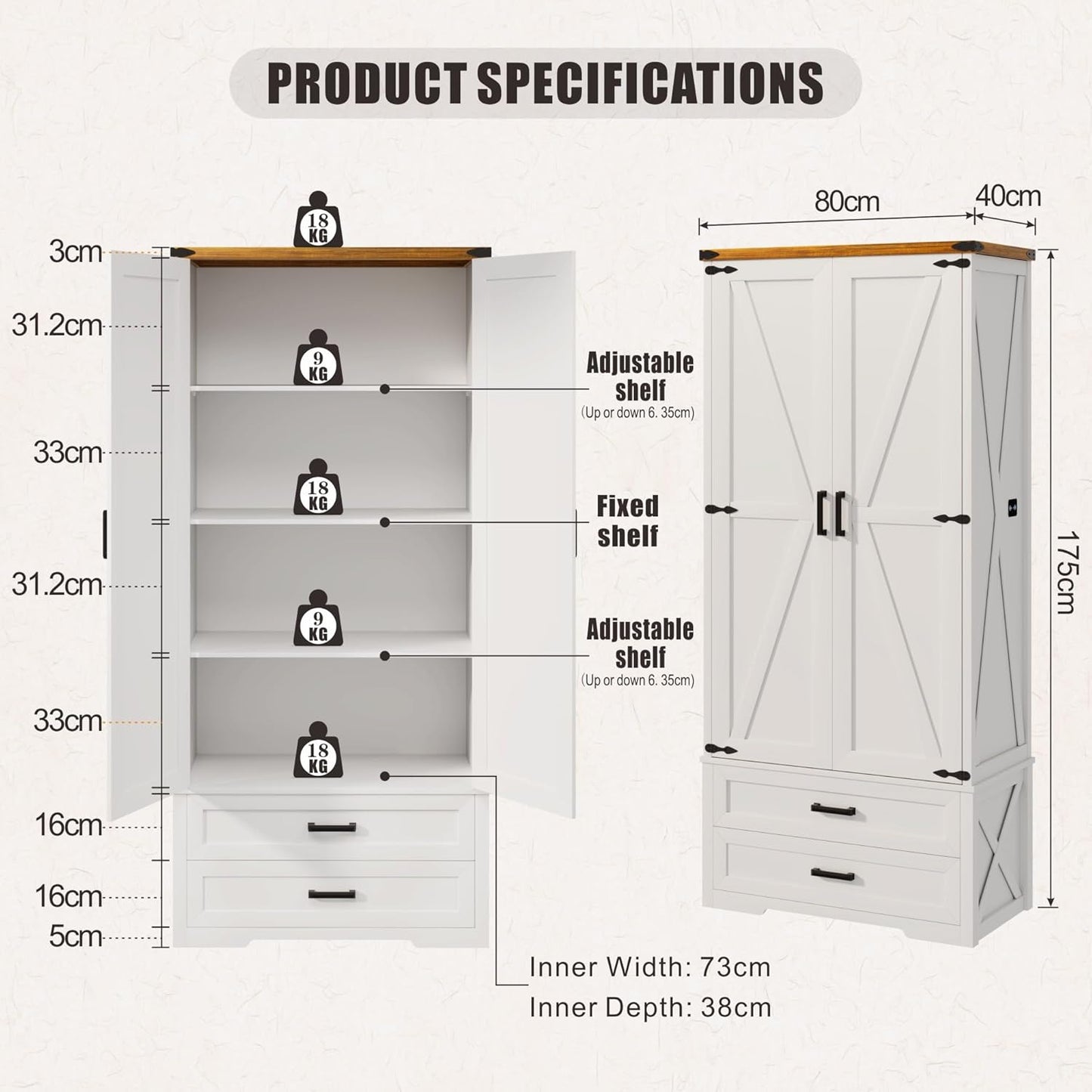 Farmhouse Storage Cabinet with Adjustable Shelves, 69" Tall Pantry Cabinet with 2 Drawers & Doors, Wood Storage with LED Light for Kitchen, Dining Room, Bathroom, Utility Room, White
