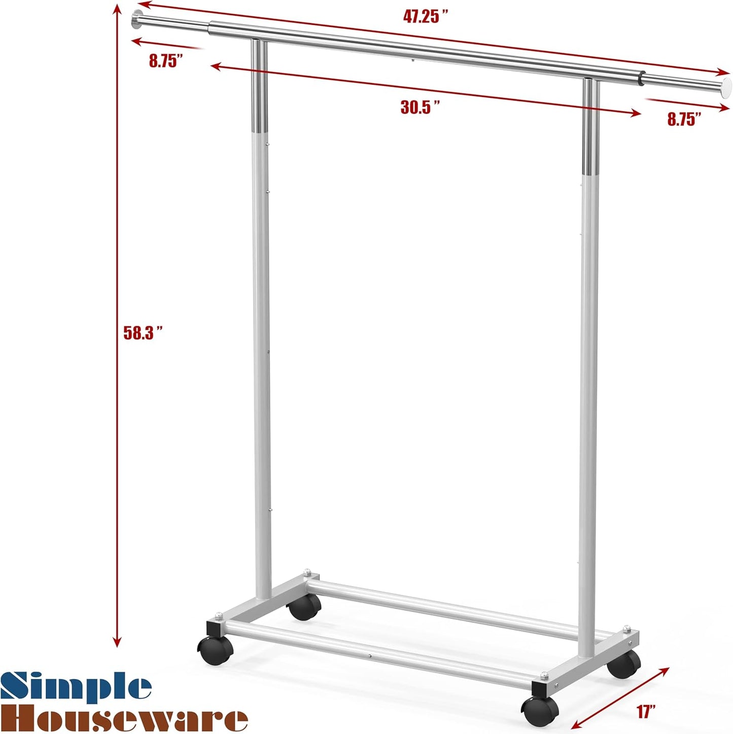 Simplehouseware Clothes Rack Standard Rod, 77 to 120 Cm Extensible Rod, Silver