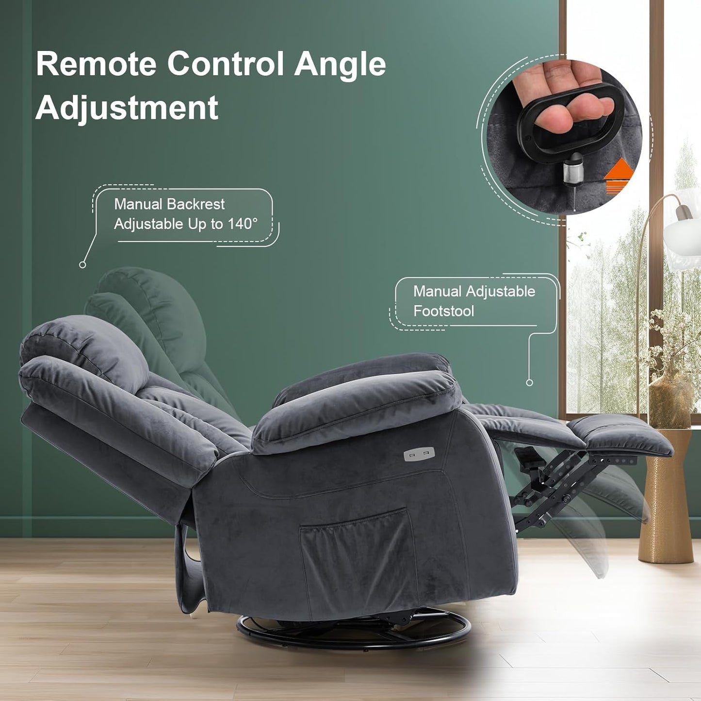 Ufurniture Massage Recliner Chair 140°Tilt 8 Point Heated Vibration Dark Gray Recliner Chair for Adults 360 ° Rotate Circular Base with Side Pocket