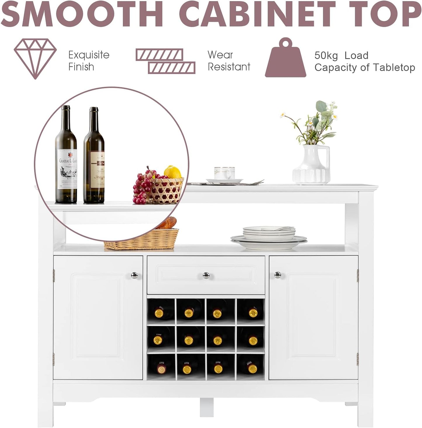 Wood Wine Cabinet, Sideboard Buffet (White)