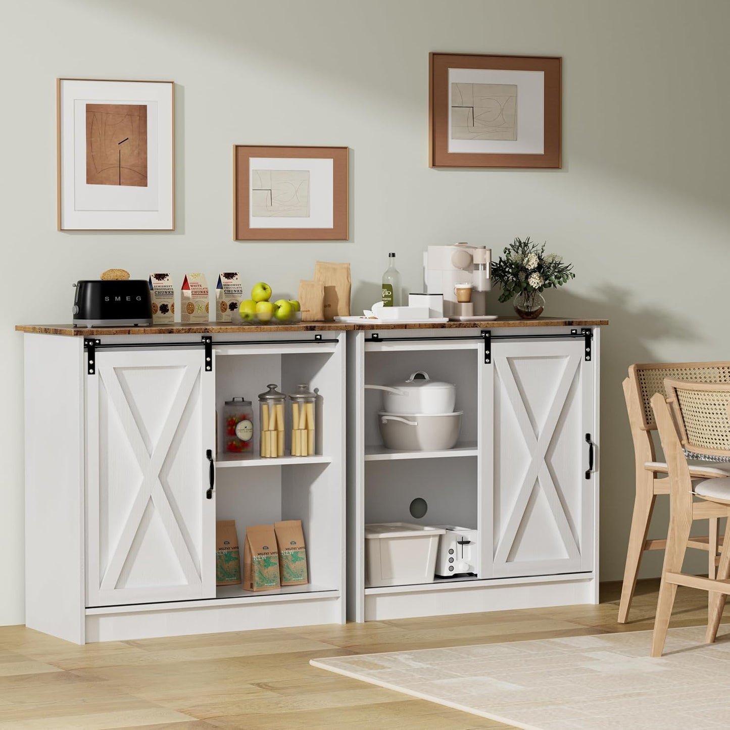 White Coffee Bar Cabinet Station, Small Kitchen Coffee Bar Cabinet with Storage, Farmhouse Sideboard Buffet Cabinet for Home, Kitchen, Living Room and Dining Room (Rustic Brown Top)