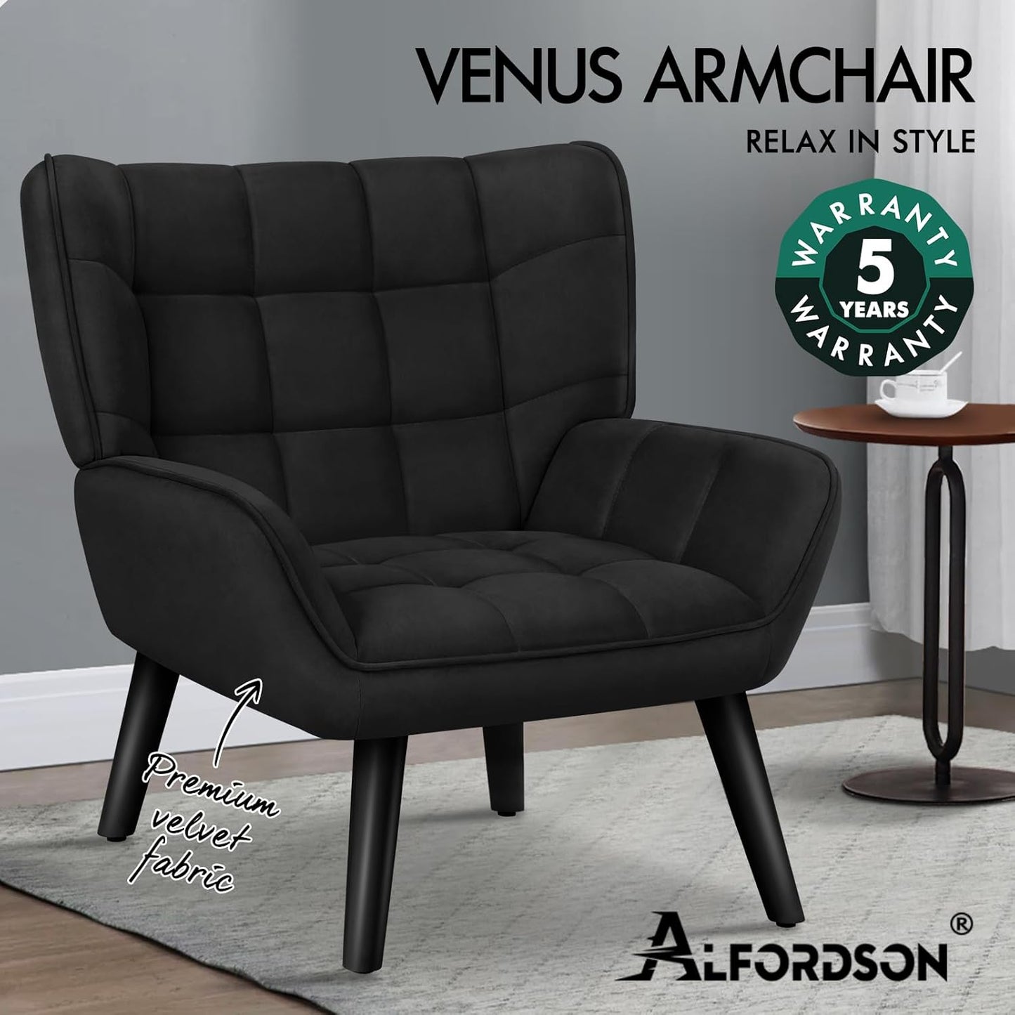 Armchair with Velvet Upholstery, Leisure Occasional Accent Chair with Solid Wooden Legs, Nursing Lounge Sofa for Reading Dressing Bedroom Living Room, Max 180Kg, Venus Black