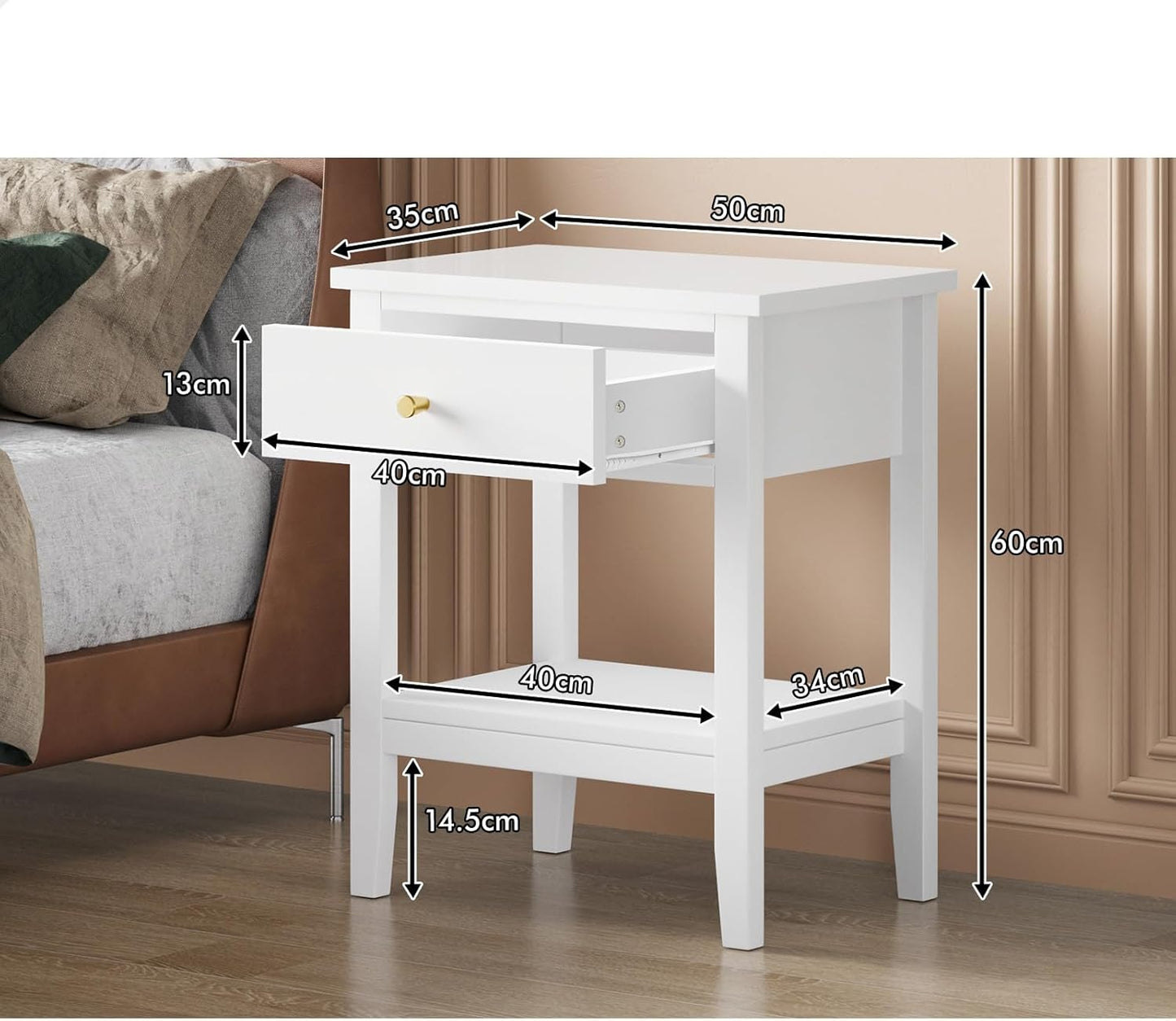ALFORDSON Bedside Table with Drawer 50Cm X 35Cm X 60Cm, Modern Nightstand with Storage Drawer and Open Display Shelf Hamptons Style (White)