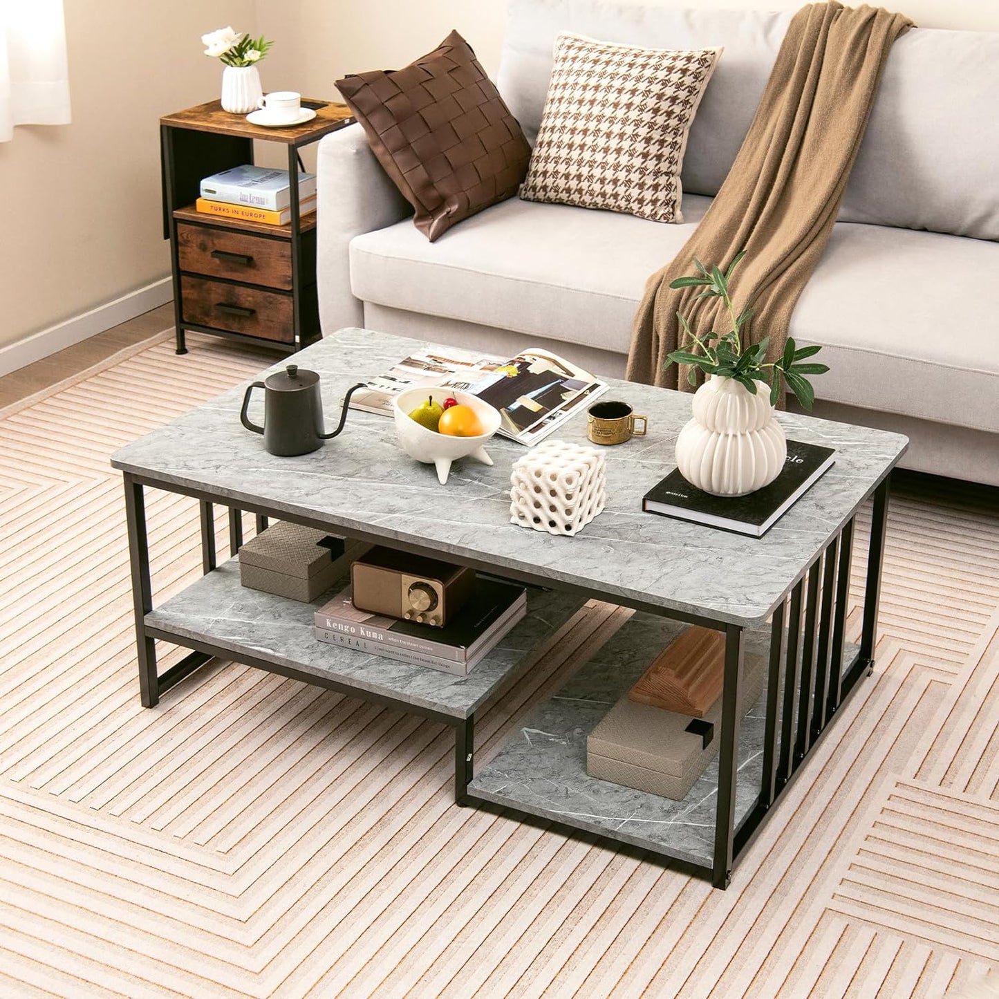 Faux Marble Coffee Table, Rectangular 2-Tier Center Table with Open Storage Shelf, Modern Long Cocktail Table Snack Table with Metal Frame for Living Room, Home, Office, Gray
