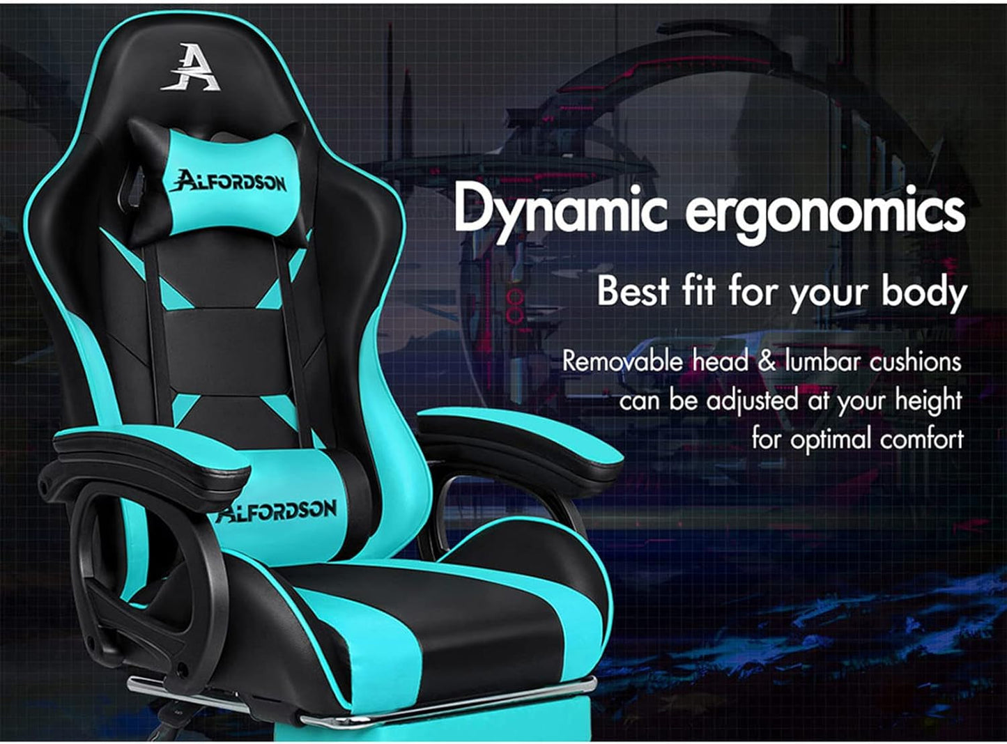 ALFORDSON Gaming Chair with Massage and 150° Recline, Ergonomic Executive Office Chair PU Leather with Footrest, Height Adjustable Racing Chair with SGS Listed Gas-Lift, Max 180Kg (Cyan)