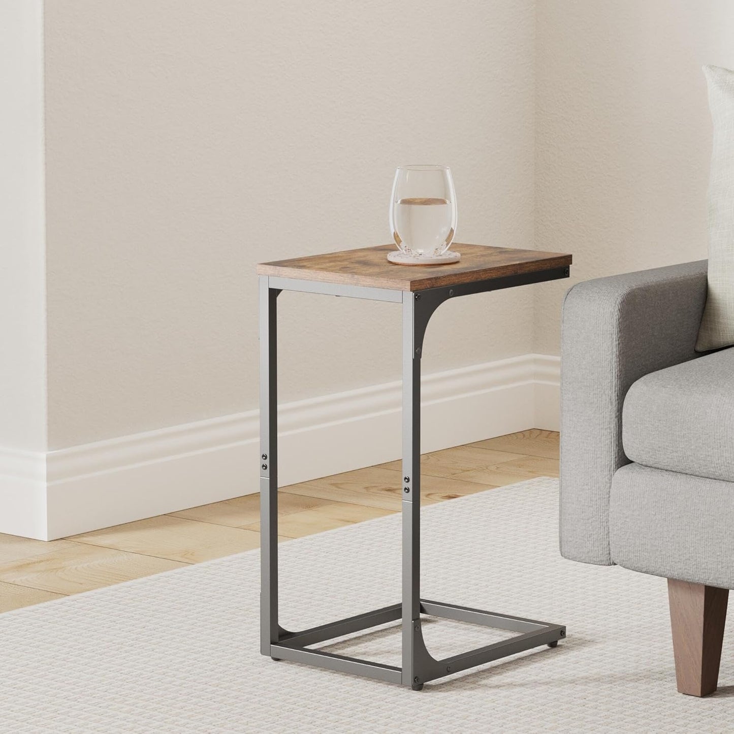 Set of 2 C-Shaped Side Table, Bedside Table, Sofa Side Table, Coffee Table, with Metal Frame, Industrial, for Living Room, Bedroom, Rustic Brown and Black LET354B01