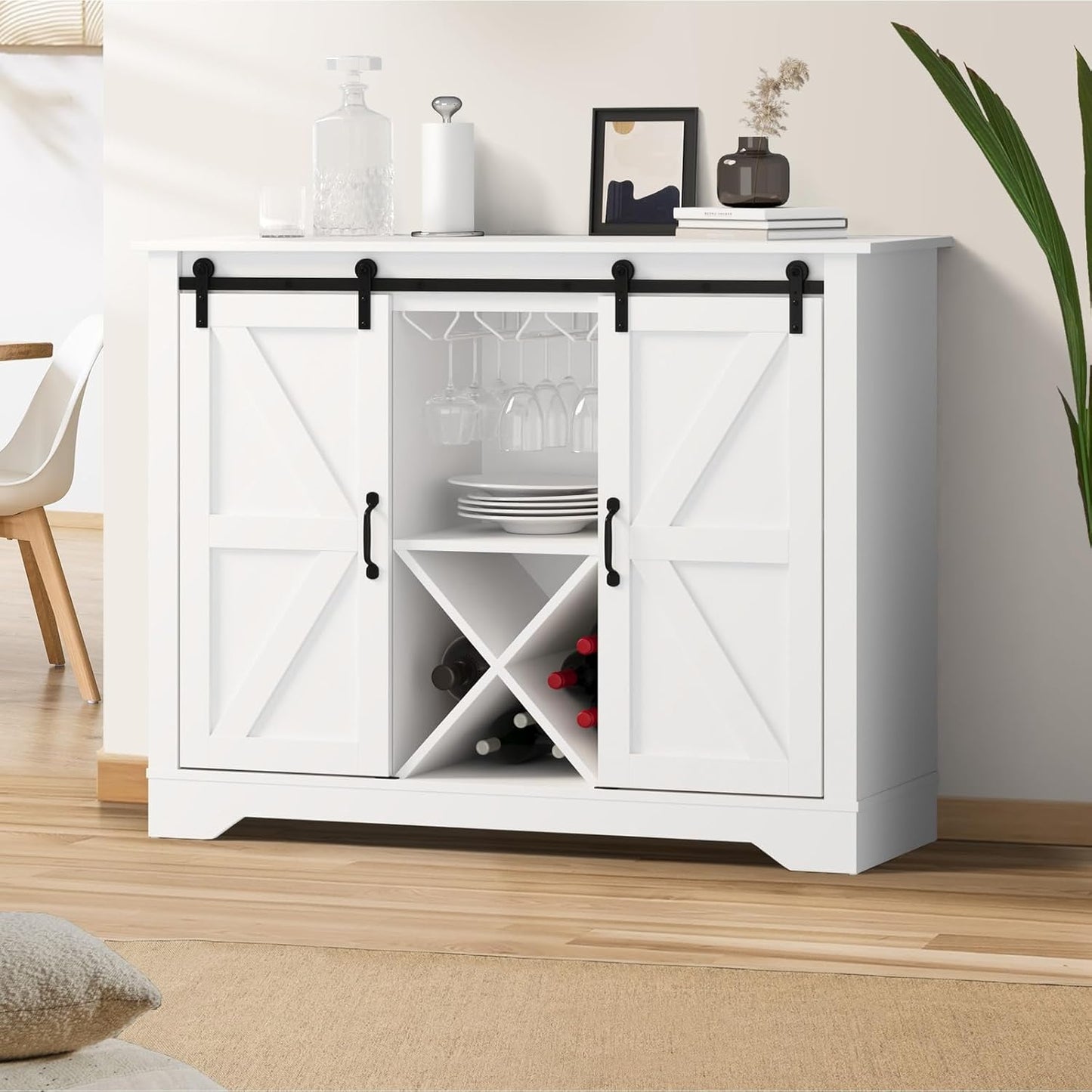Sideboard Buffet Cabinet with Two Silding Doors Cup Holder and Wine Rack Storage Cabinet Cupboard Organizer for Home Kitchen Entryway White