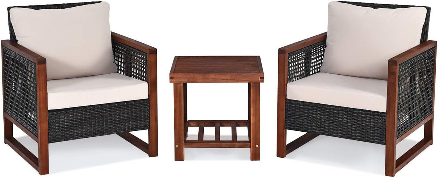 3-PCS Patio PE Rattan Chair Table Set, Wooden Wicker Furniture W/Solid Wood Frame, Soft Cushion, Coffee Table W/Shelf, Patio Conversation Sofa Setting for Balcony, Yard