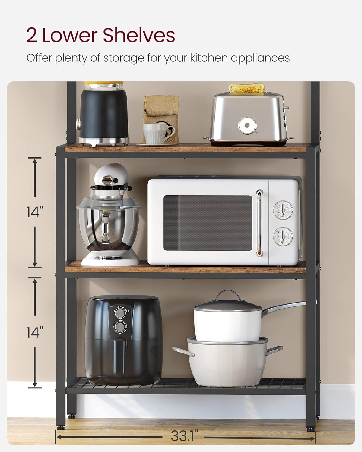 VASAGLE Bakers Rack, Coffee Bar, Kitchen Storage Shelf Rack with 10 Hooks, 3 Shelves, Adjustable Feet, for Microwave Oven, 15.7 X 33.1 X 66.9 Inches, Industrial, Rustic Brown and Black UKKS17BX