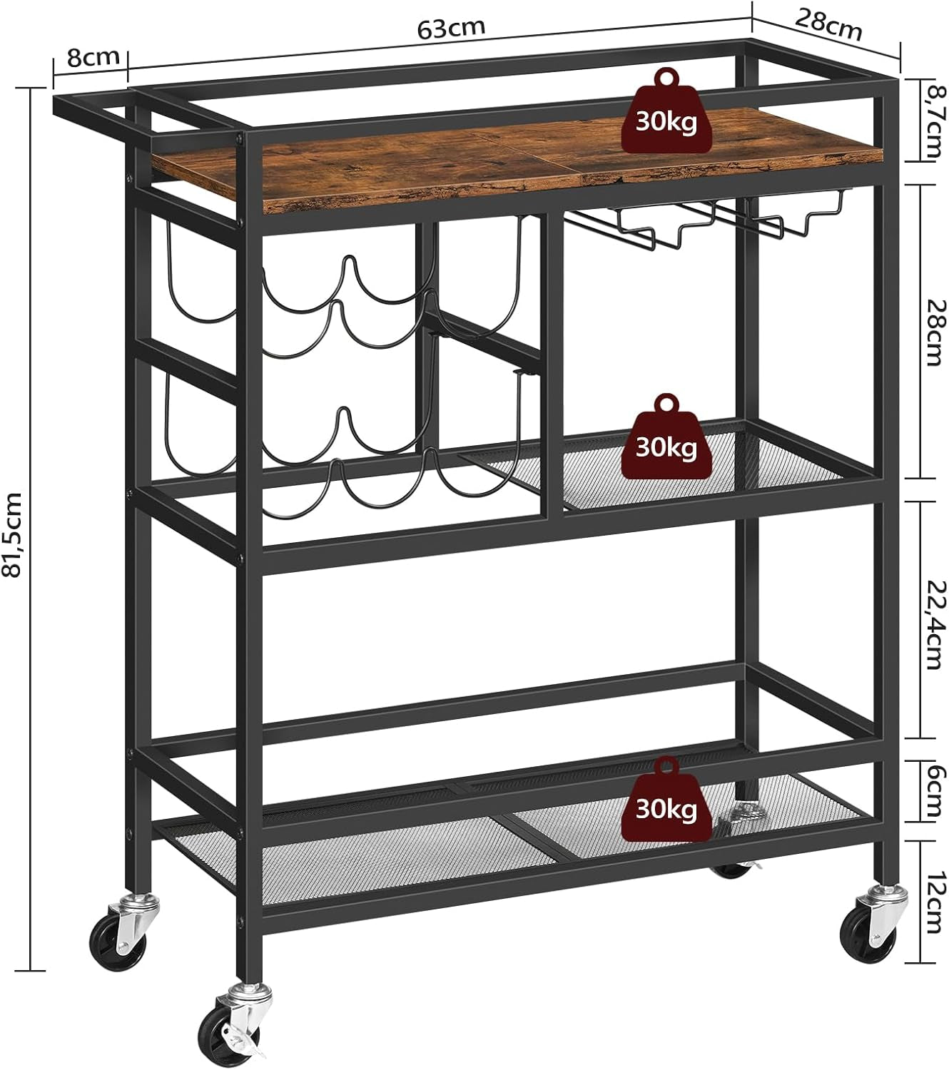 Bar Cart for Home, 3-Tier Serving Cart with Wheels and Handle, Beverage Cart with Wine Rack and Glass Holders, Rolling Wine Cart for Kitchen, Dining Room, Rustic Brown RCHR6101