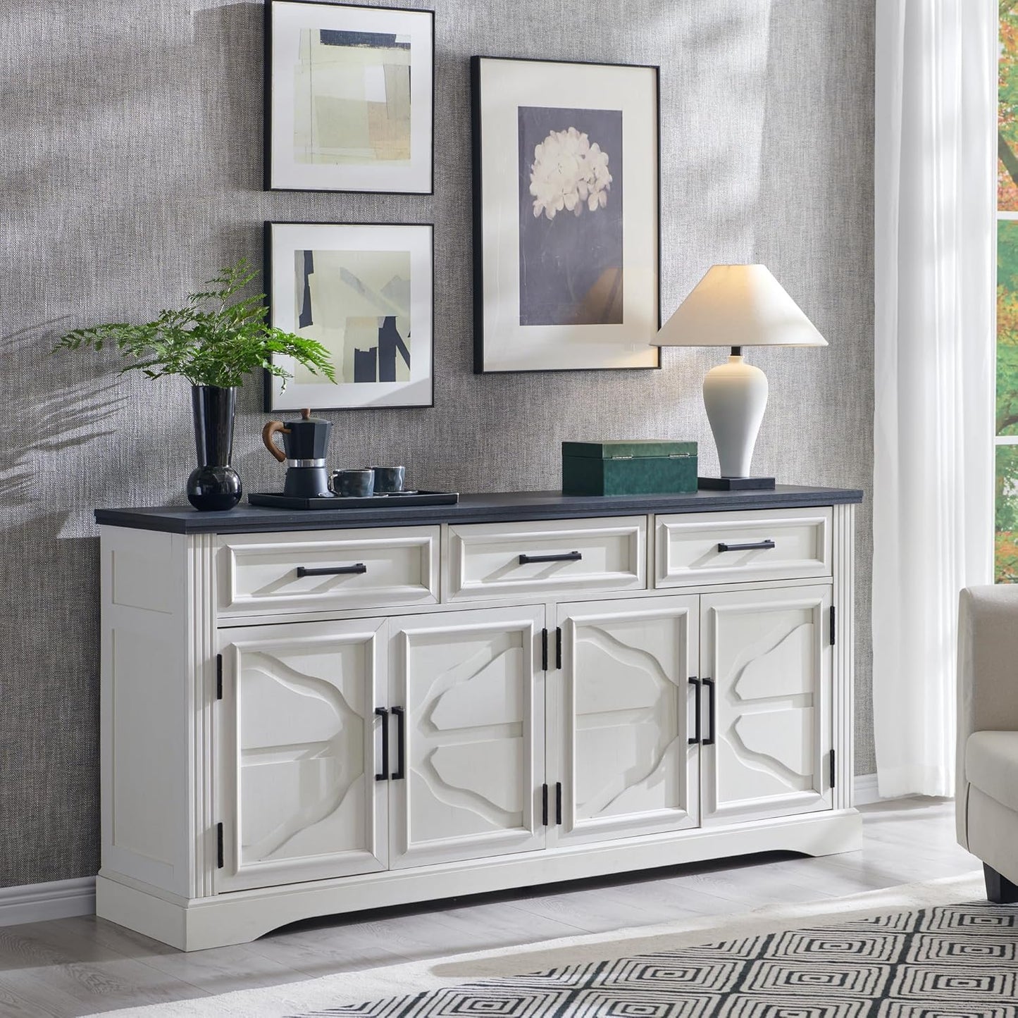 Farmhouse Buffet Sideboard Cabinet, 66" Buffet Table Coffee Bar Wine Bar Cabinet with Drawers and Doors, Kitchen Sideboard Storage Cabinet for Dining Room