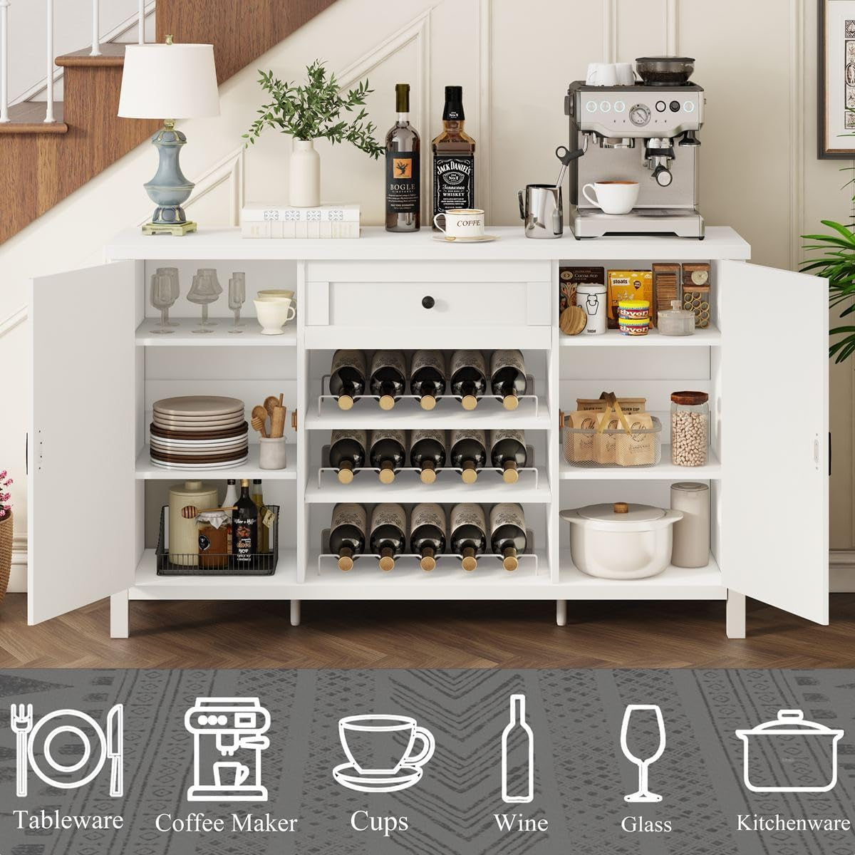 Industrial Coffee Bar Cabinet with Wine Rack, Wood Buffet and Sideboard with Storage Cabinet, (55.12 Inch, White Oak)