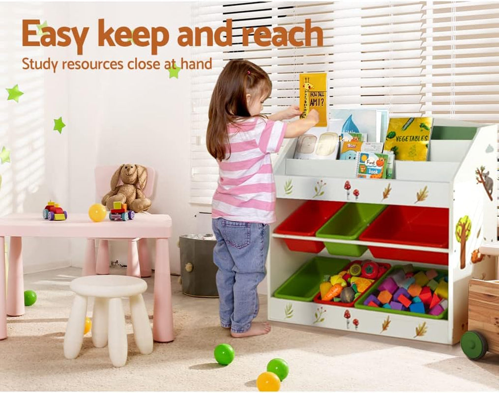 Kids Bookshelf, 3 Tiers Storage Book Shelf Bookshelves Corner Wall Toy Bookcase Rotating Display Shelves Home Living Room Bedroom Kindergarten Furniture, 6 Removable Plastic Boxes