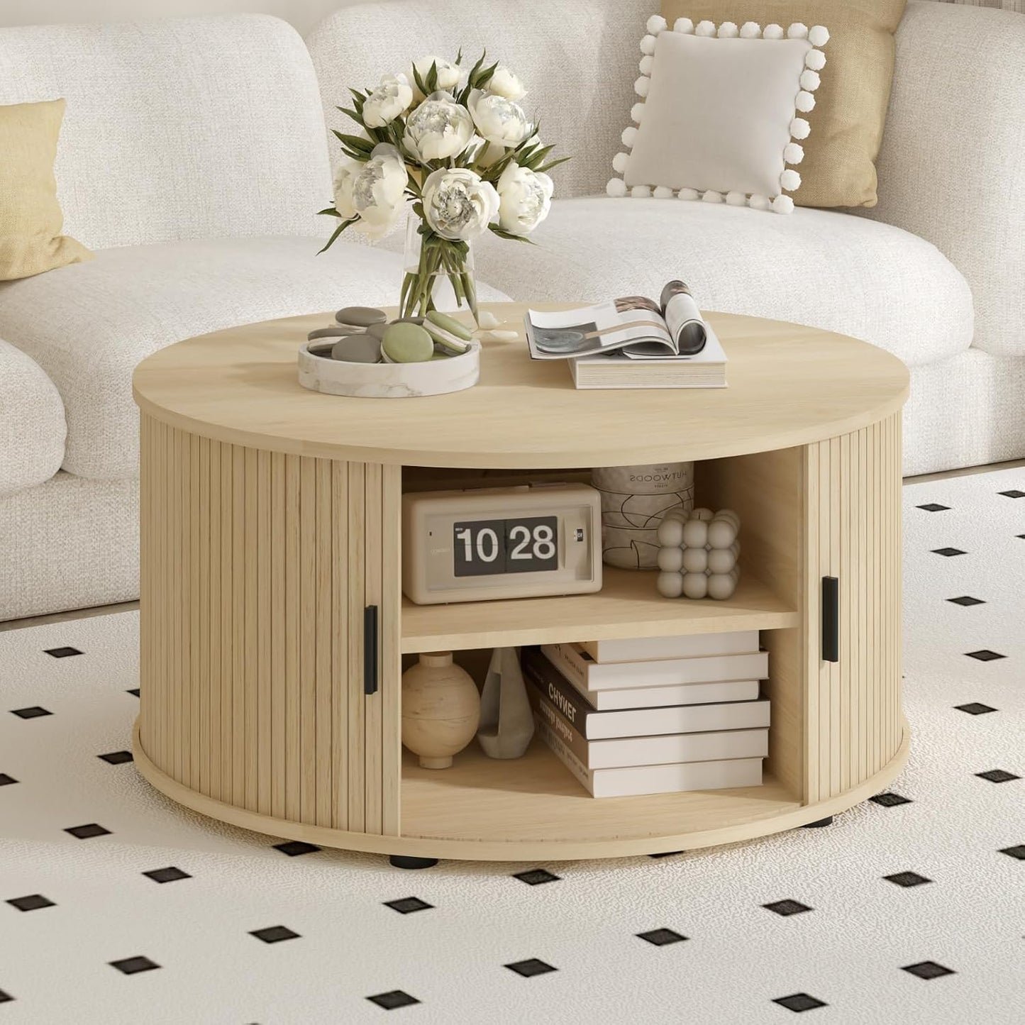 Round Coffee Table with Storage, Mid Century Modern Coffee Table with Sliding Cabinet Door, Wood Coffee Table for Living Room Oak