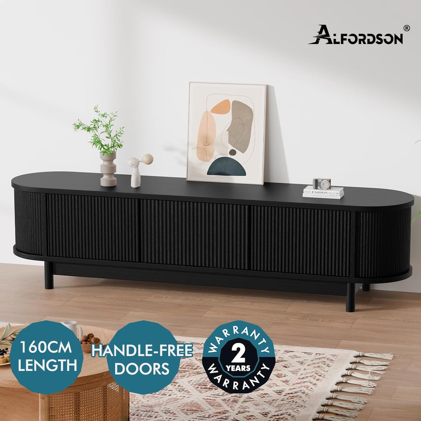 ALFORDSON TV Cabinet Stand Black, Handle-Free Modern Furniture Entertainment Unit Stand with 2 Ample Storage Side Cabinets and 2 Middle Shelves for Living Room,160 X 40 X 40Cm in Black
