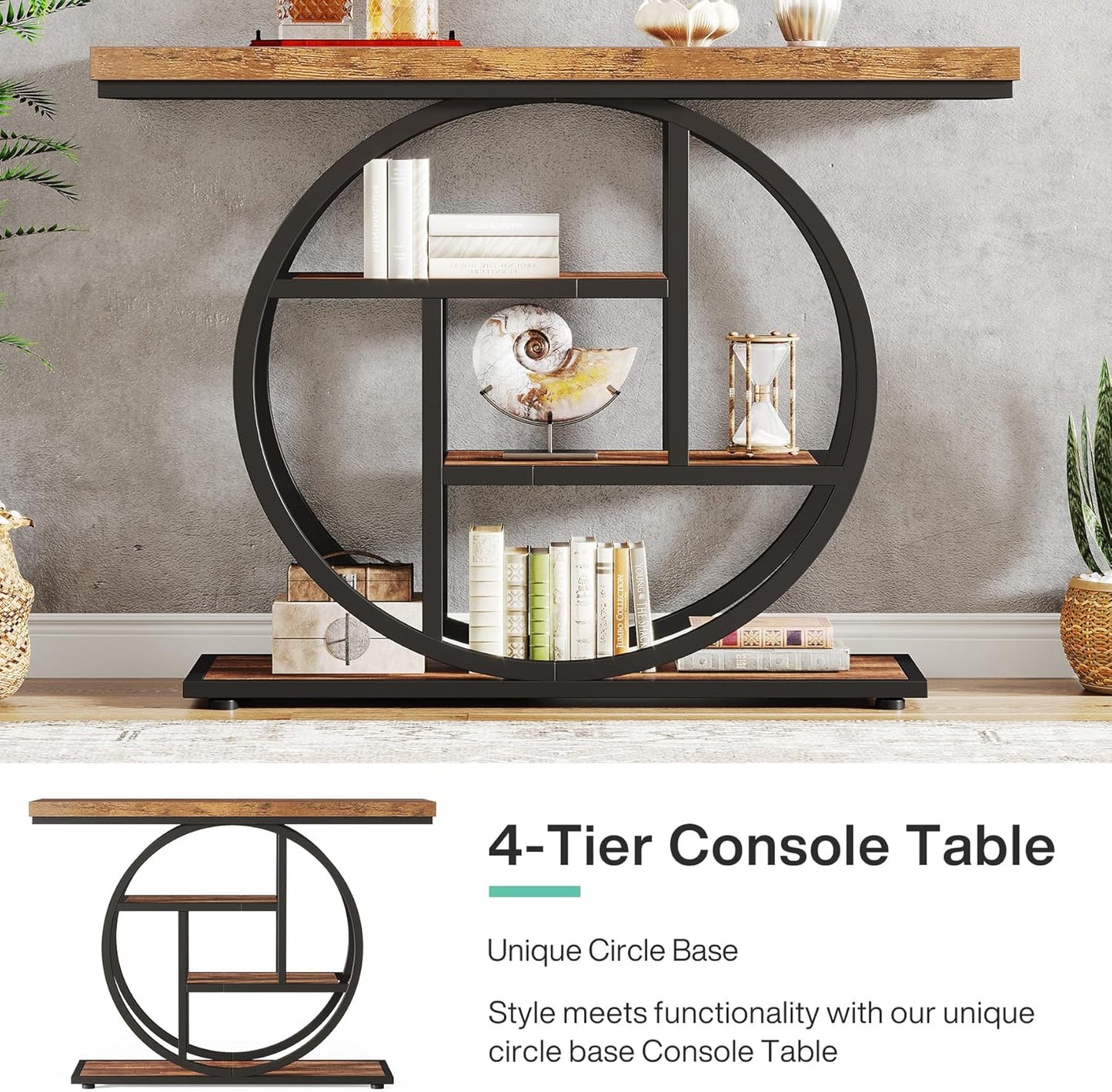 Rustic Console Table Hallway,105Cm Console Table, 4-Tier Entryway Console Table, Narrow Hall Table with Storage Shelves for Living Room, Foyer, Rustic Brown