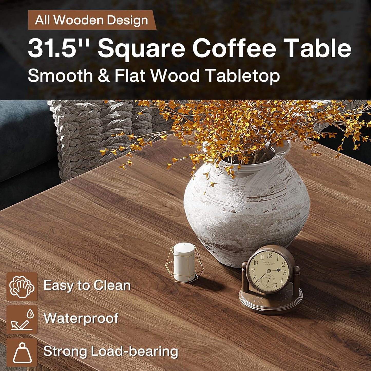 Square Coffee Table, 31.5-Inch Engineered Wood Coffee Table for Living Room, Vintage Brown Center Table, Large Mid-Century Modern Cocktail Table