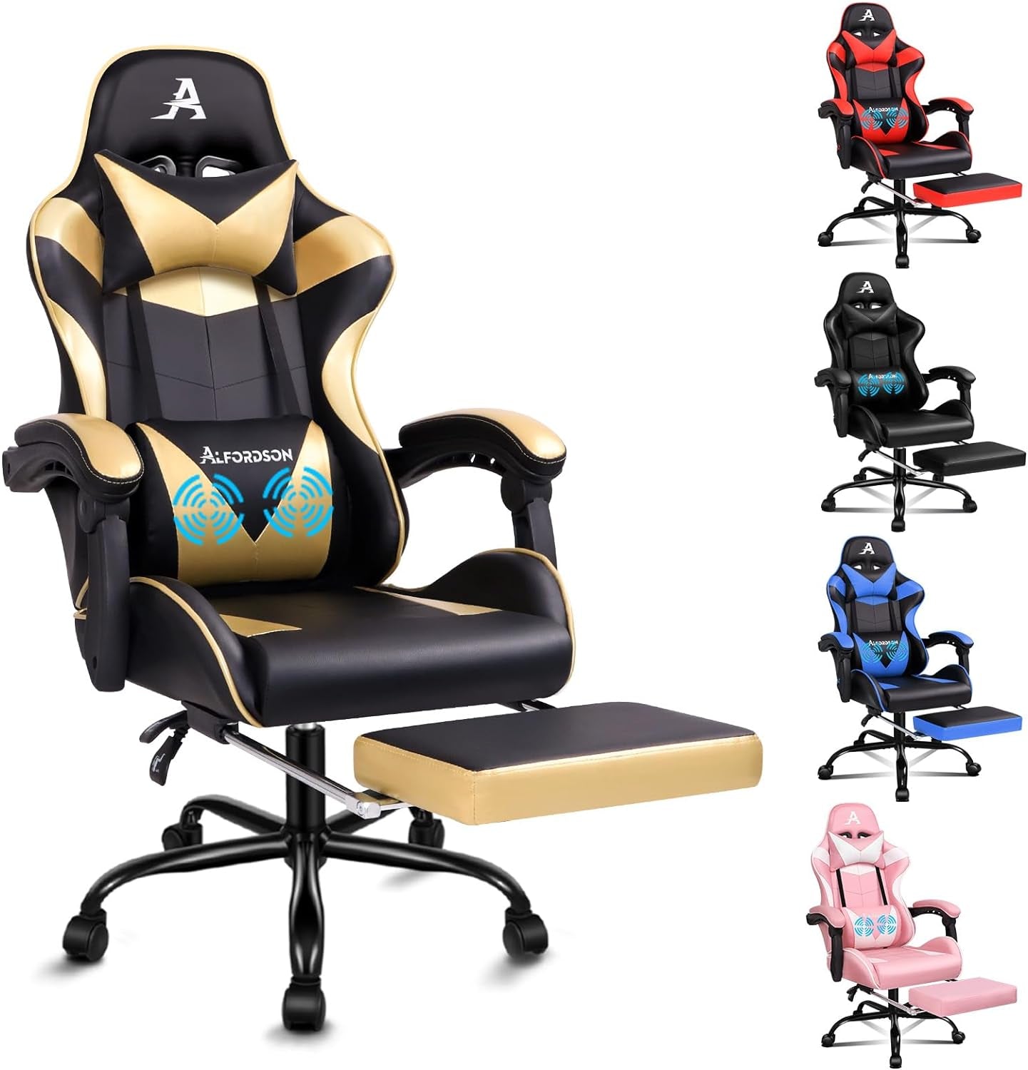 ALFORDSON Gaming Chair with Massage and 150° Recline, Ergonomic Executive Office Chair PU Leather with Footrest, Height Adjustable Racing Chair with SGS Listed Gas-Lift, Max 180Kg (Cyan)