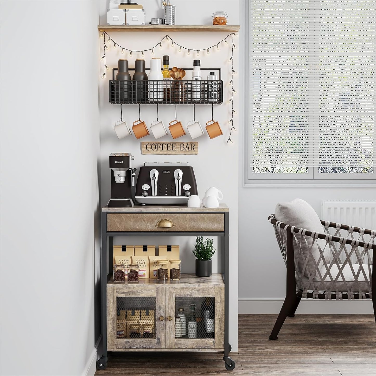 Coffee Bar Cabinet,3 Tiers Kitchen Coffee Cart with Drawer for the Home, Movable Farmhouse Coffee Station Table on Wheels for Living Room, Entryway, Dining Room, Kitchen