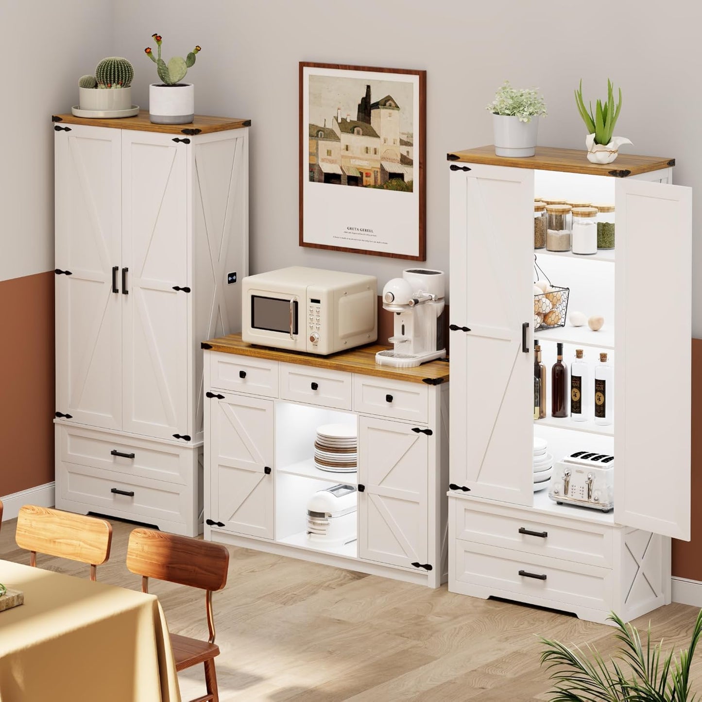 Farmhouse Storage Cabinet with Adjustable Shelves, 69" Tall Pantry Cabinet with 2 Drawers & Doors, Wood Storage with LED Light for Kitchen, Dining Room, Bathroom, Utility Room, White